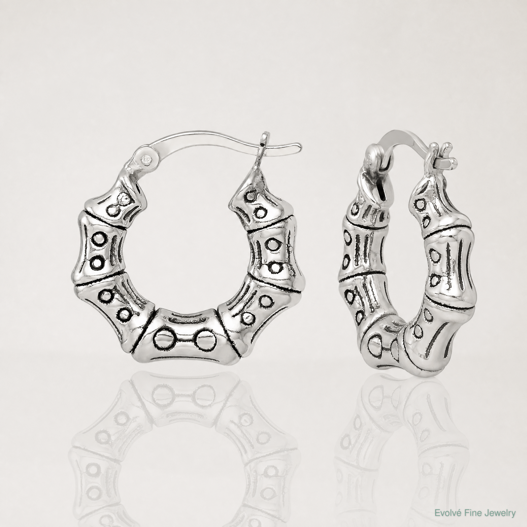 Sterling Silver Antiqued Textured Bamboo Round Hoop Earrings - Lifestyle View
