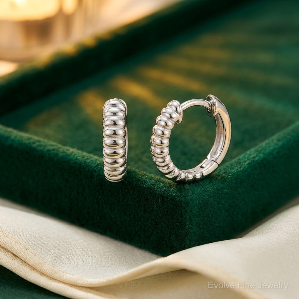 Sterling Silver RH-pltd Polished Grooved 3mm Round Hoop Earrings - Lifestyle View