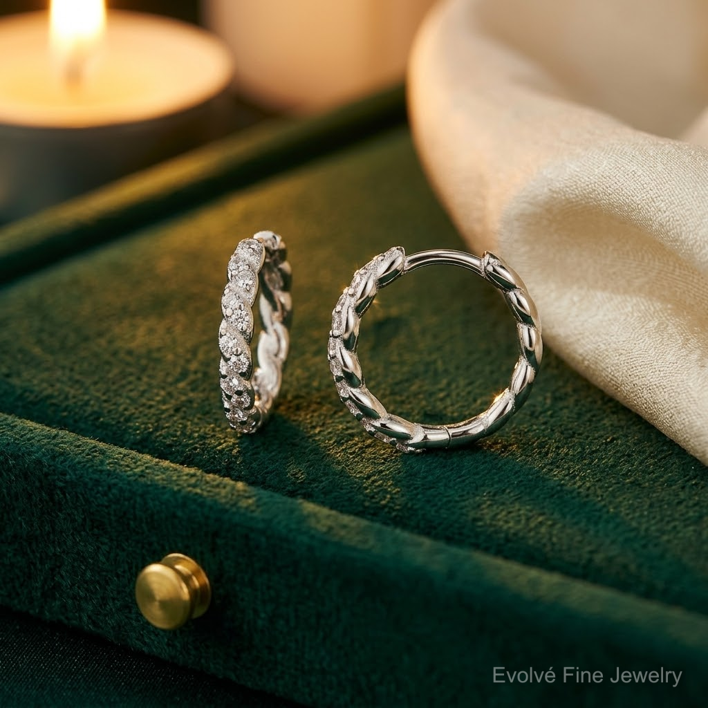 Sterling Silver Polished and Twisted 2.2mm CZ Hinged Round Hoop Earrings - Lifestyle View