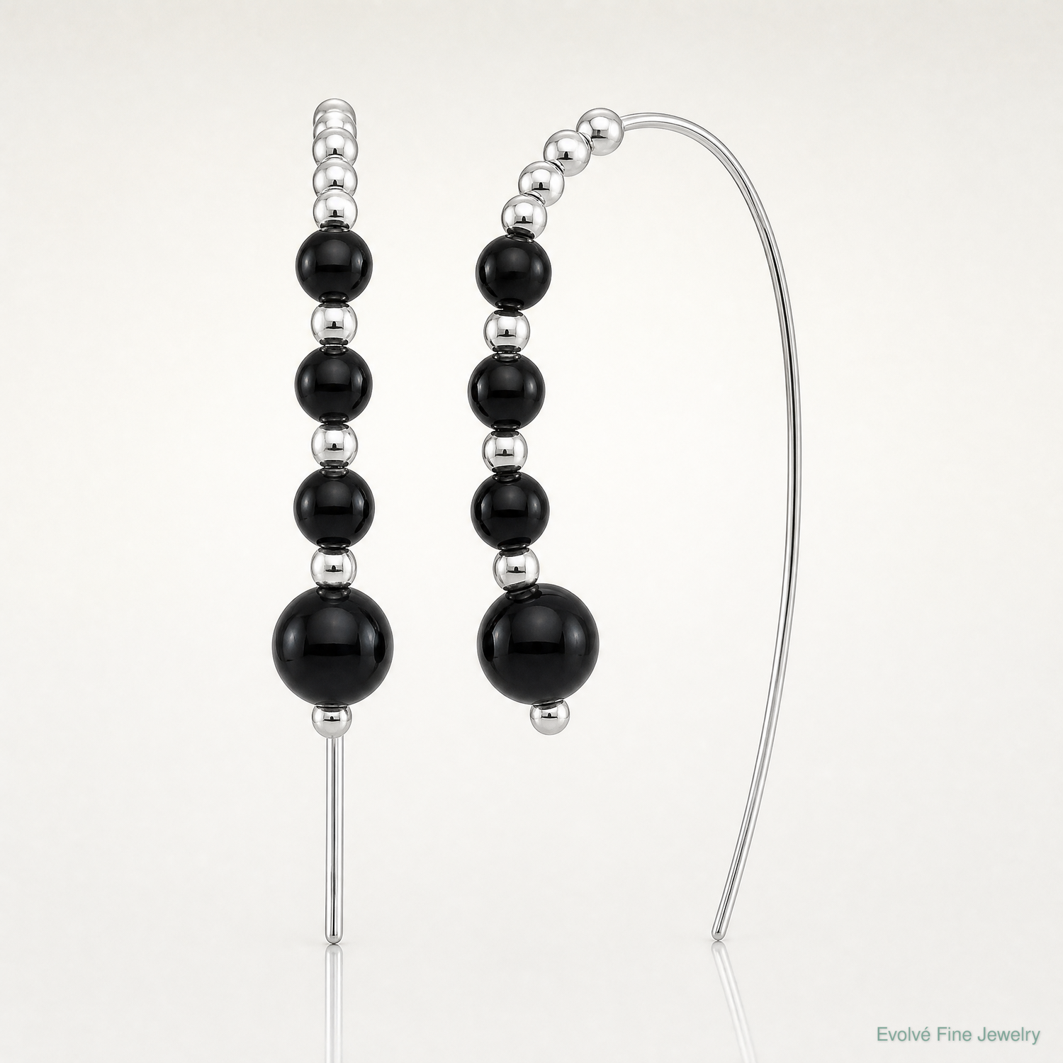 Sterling Silver RH-plated Polished Onyx Beaded Threader Earrings - Lifestyle View