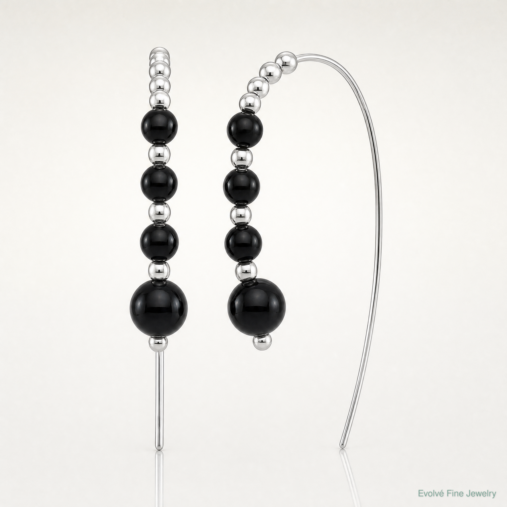 Sterling Silver RH-plated Polished Onyx Beaded Threader Earrings - Lifestyle View