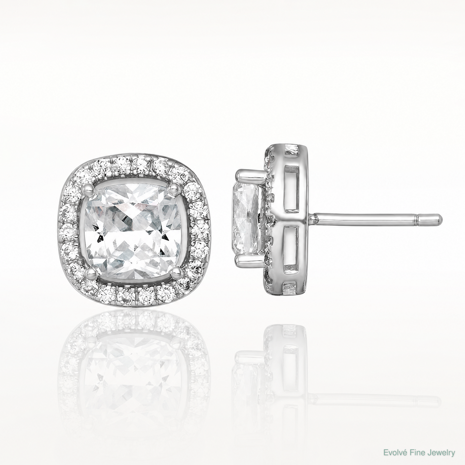 Sterling Silver Rh-pltd Polished 10mm Cushion Halo CZ Post Earrings - Lifestyle View