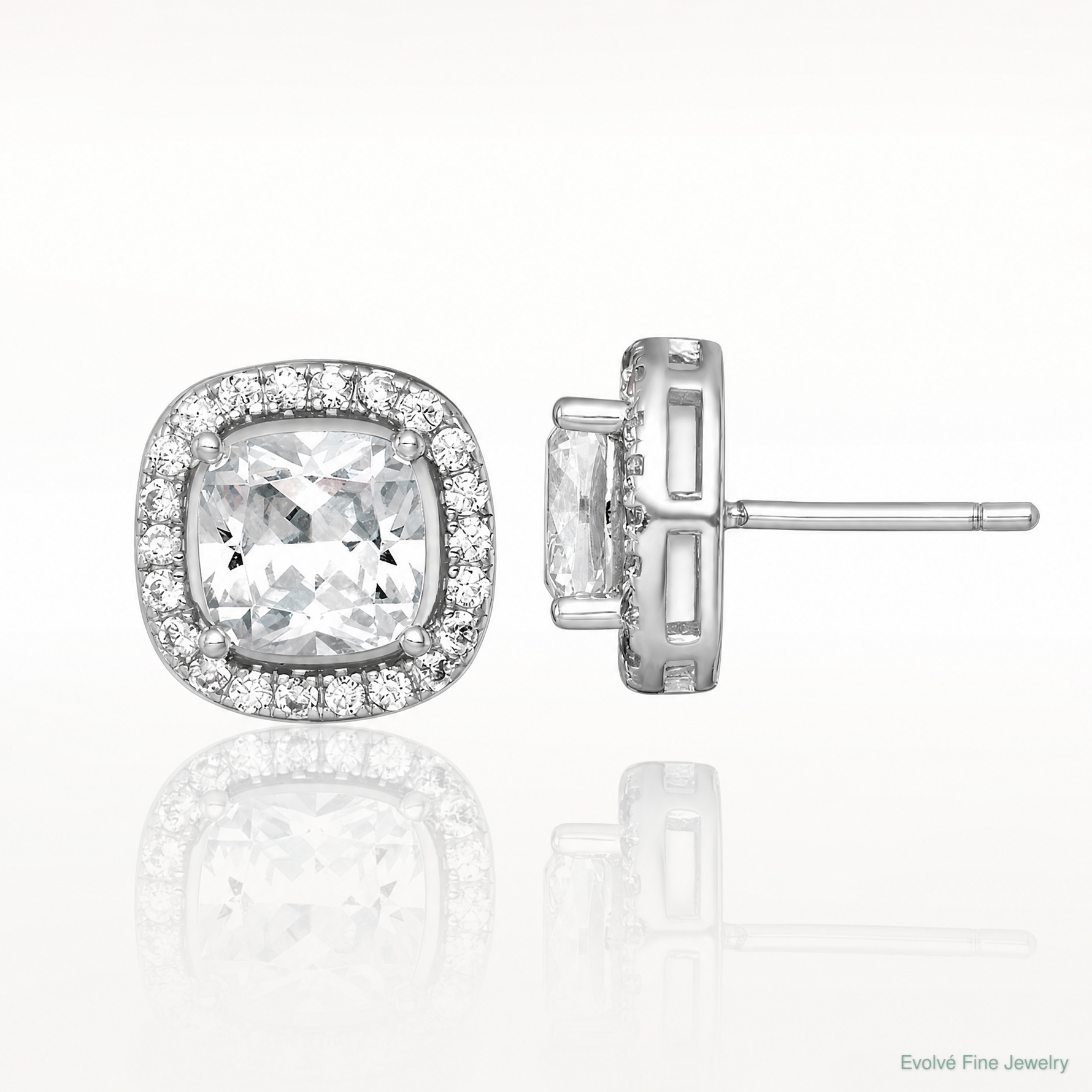 Sterling Silver Rh-pltd Polished 10mm Cushion Halo CZ Post Earrings - Lifestyle View