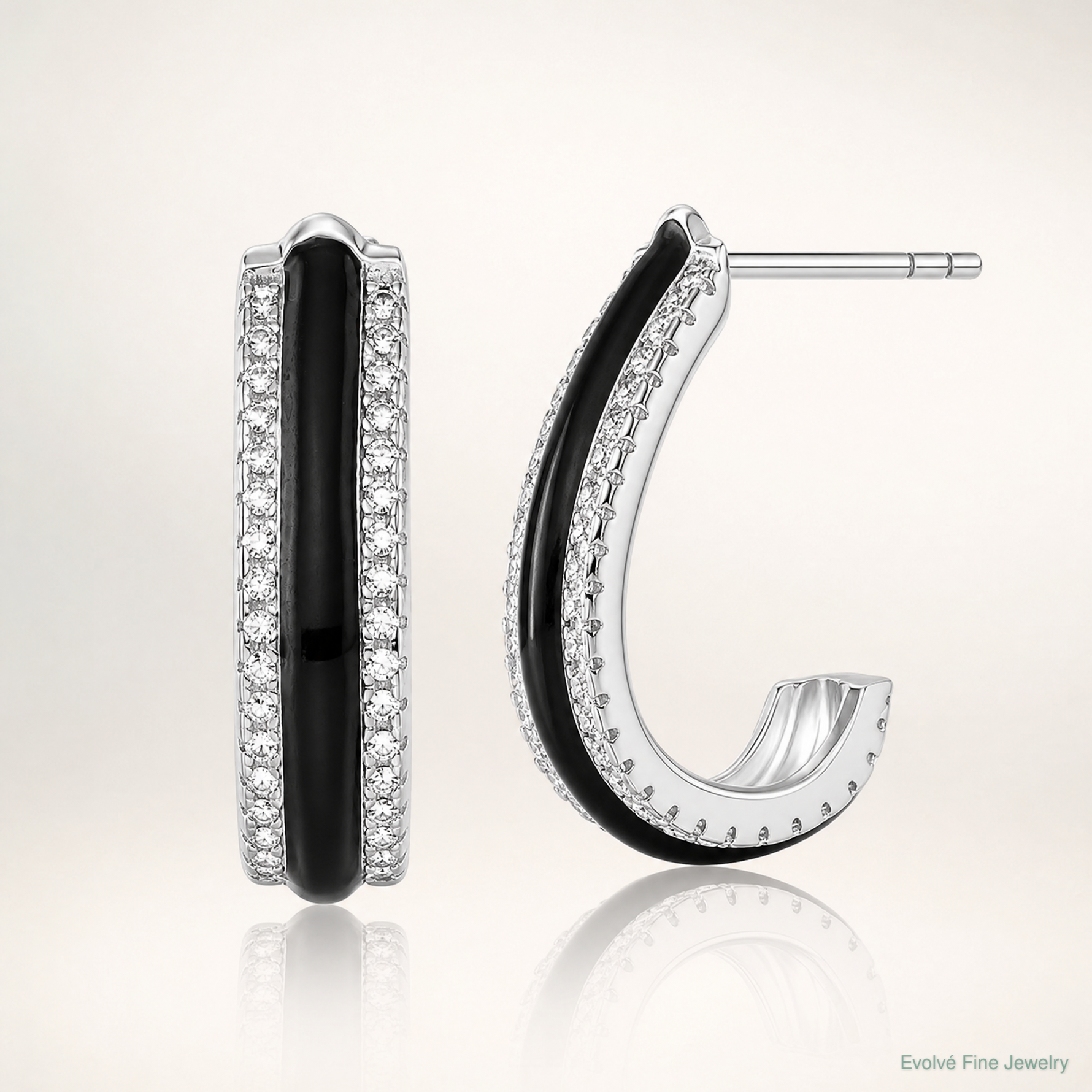 Sterling Silver Rhodium-plated CZ Black Enamel Post J-Hoop Earrings - Lifestyle View