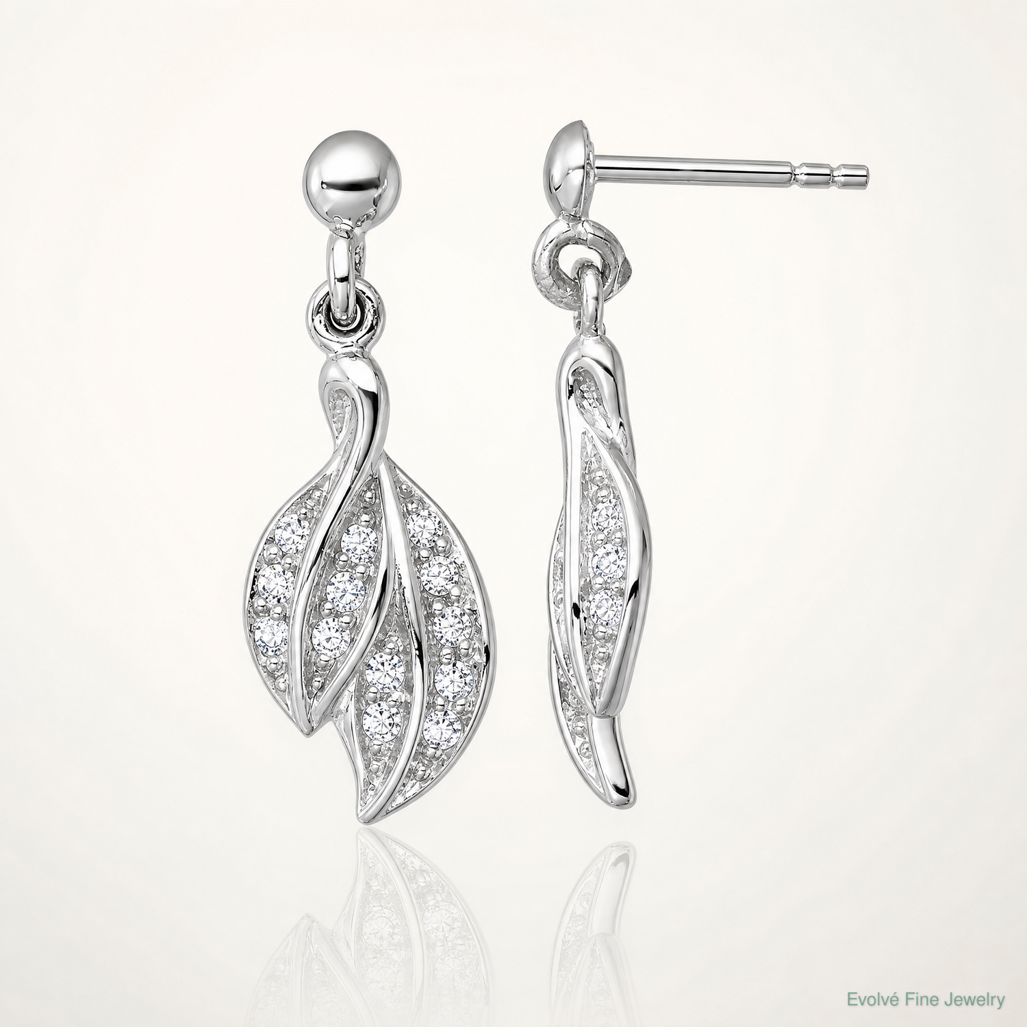 Sterling Silver Rhodium-plated Polished CZ Leaf Dangle Post Earrings - Lifestyle View