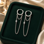 Sterling Silver Polished CZ Dangling Chain Hinged Round Hoop Earrings - Lifestyle View