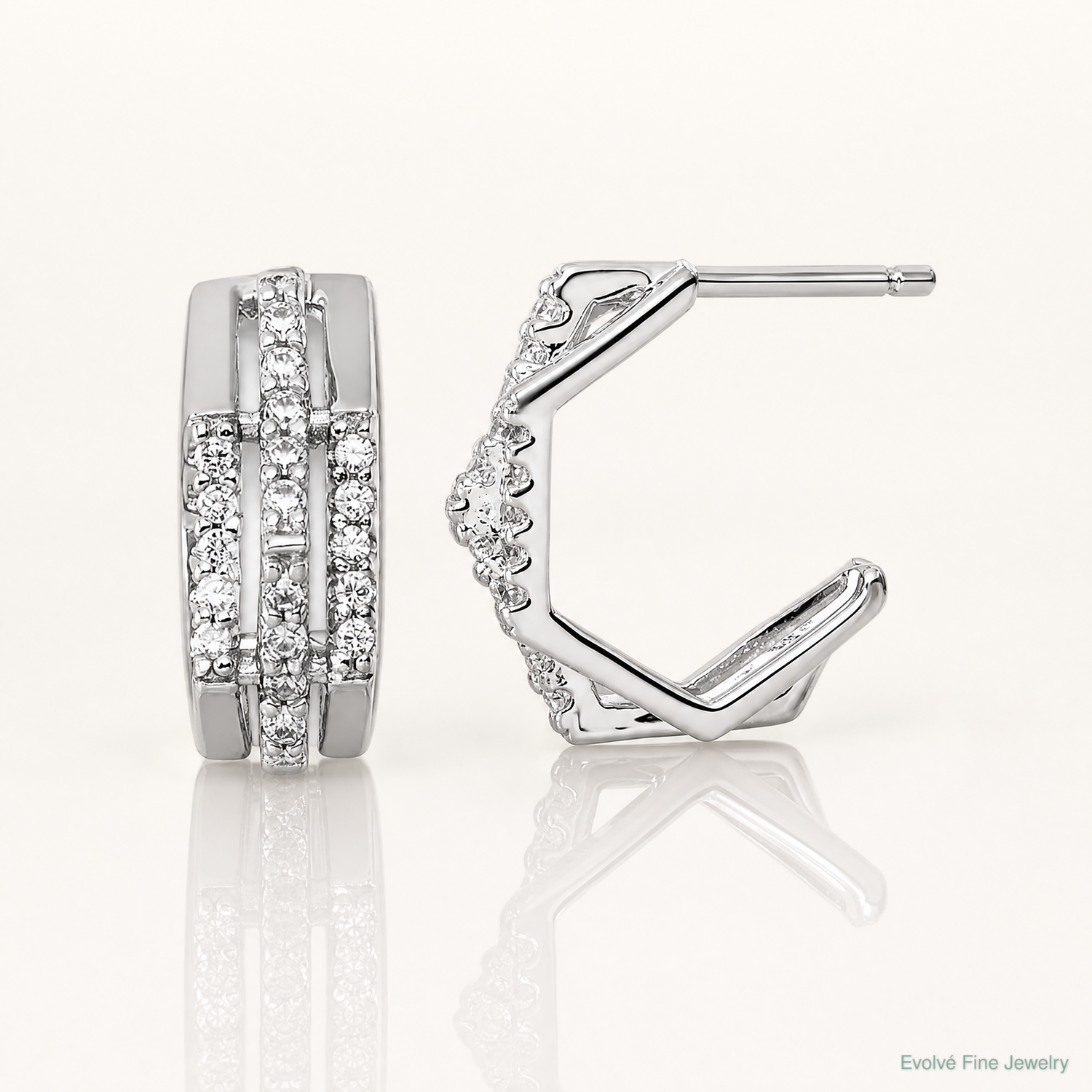 Sterling Silver Rhodium-plated CZ Polished Post J-Hoop Earrings - Lifestyle View
