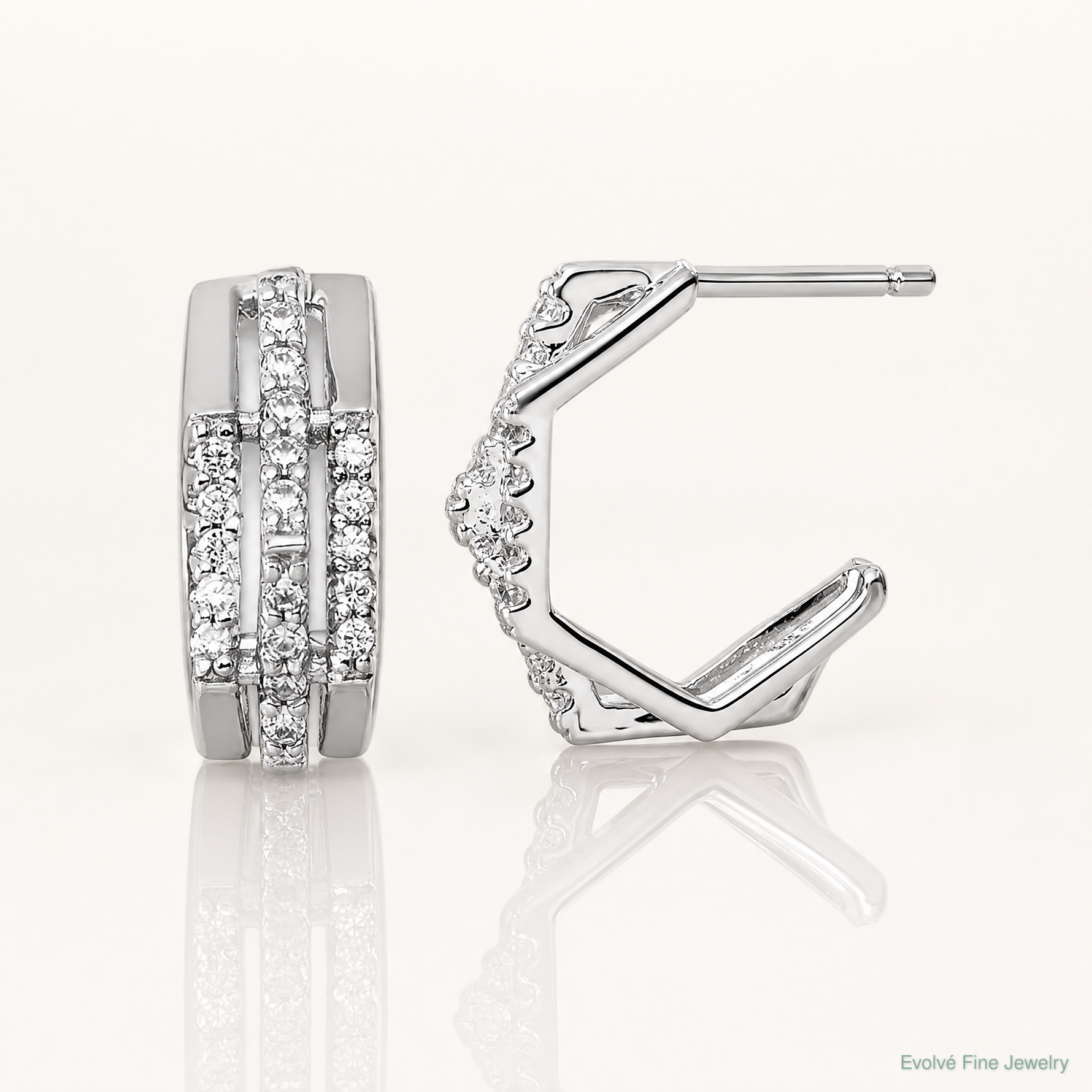 Sterling Silver Rhodium-plated CZ Polished Post J-Hoop Earrings - Lifestyle View