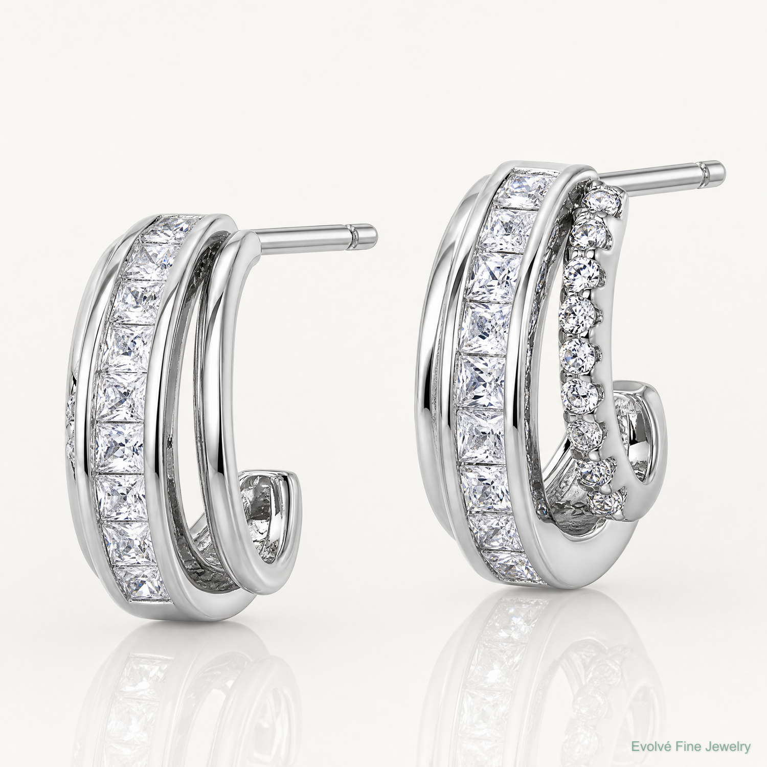 Sterling Silver Rhodium-plated Polished CZ Post J-Hoop Earrings - Lifestyle View