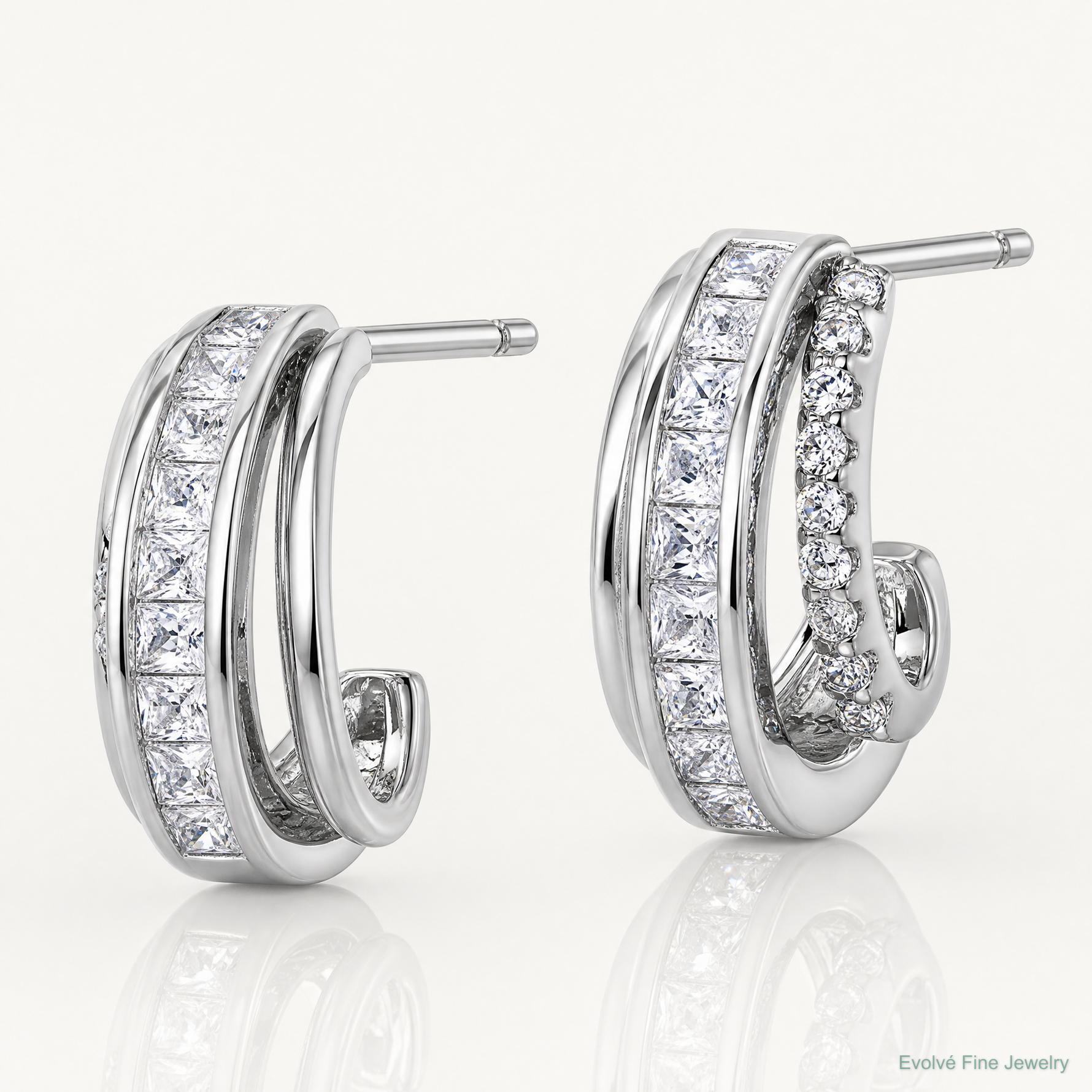 Sterling Silver Rhodium-plated Polished CZ Post J-Hoop Earrings - Lifestyle View
