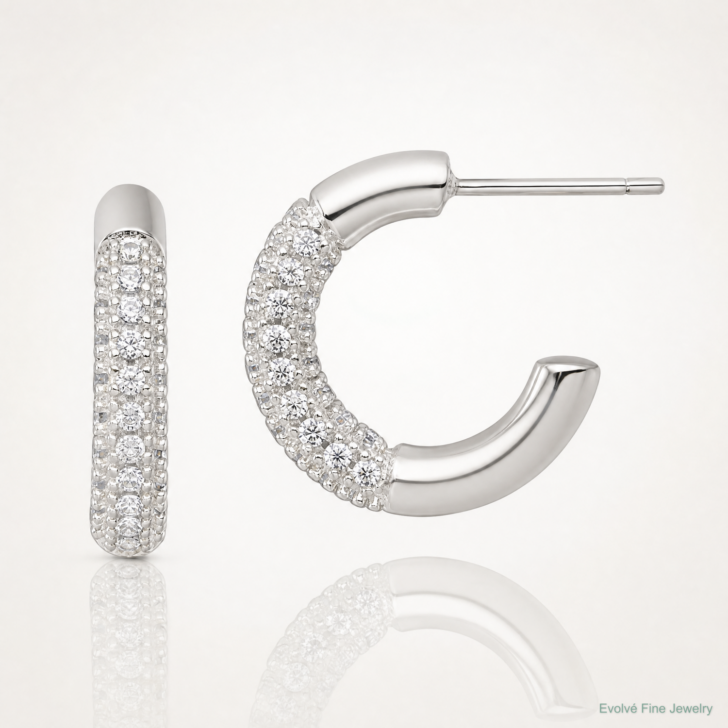 Sterling Silver Polished Pave CZ Post C-Hoop Earrings - Lifestyle View