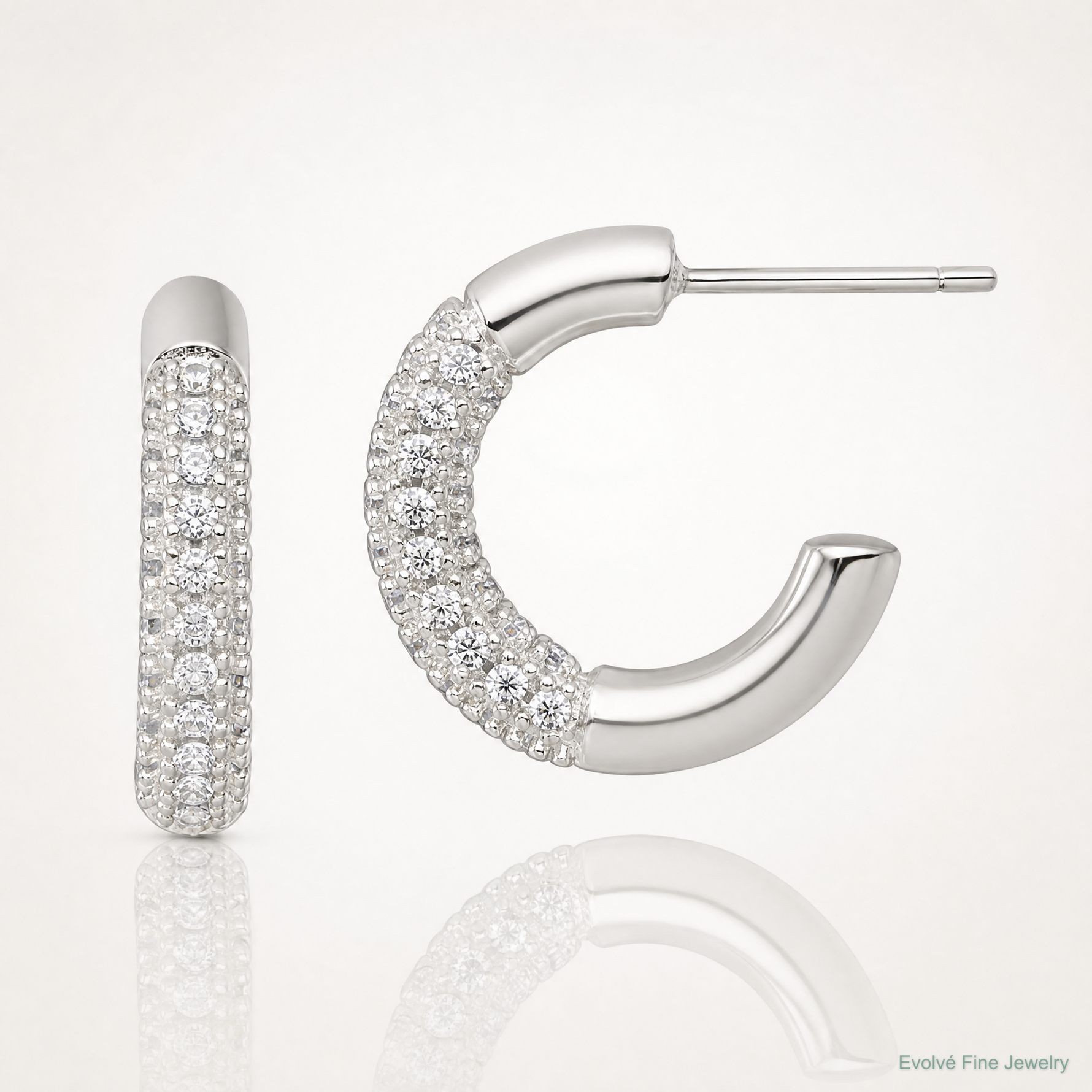 Sterling Silver Polished Pave CZ Post C-Hoop Earrings - Lifestyle View
