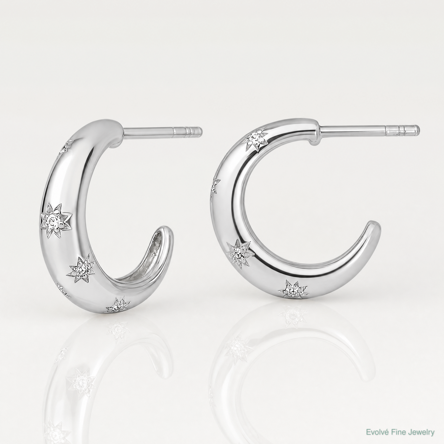 Sterling Silver RH-plated Polished CZ Stars Post C-Hoop Earrings - Lifestyle View
