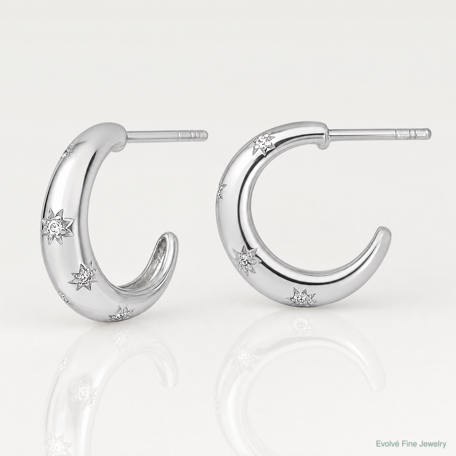 Sterling Silver RH-plated Polished CZ Stars Post C-Hoop Earrings - Lifestyle View