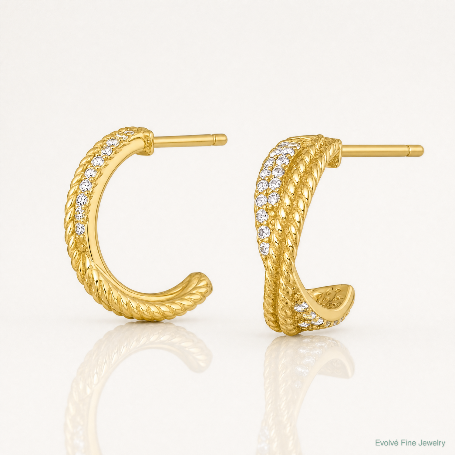 Sterling Silver Gold-Tone Polished and Twisted CZ Post C-Hoop Earrings - Lifestyle View