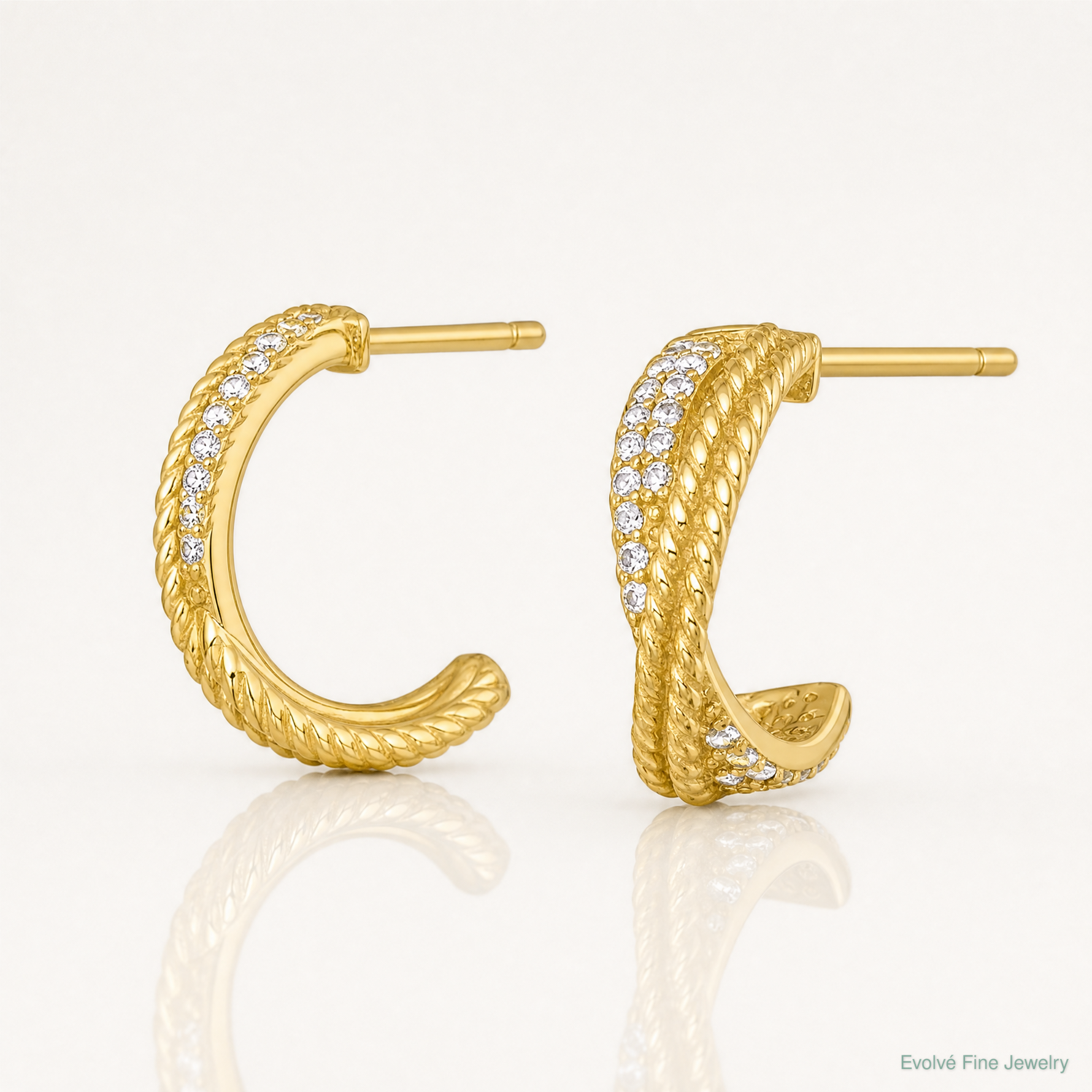Sterling Silver Gold-Tone Polished and Twisted CZ Post C-Hoop Earrings - Lifestyle View