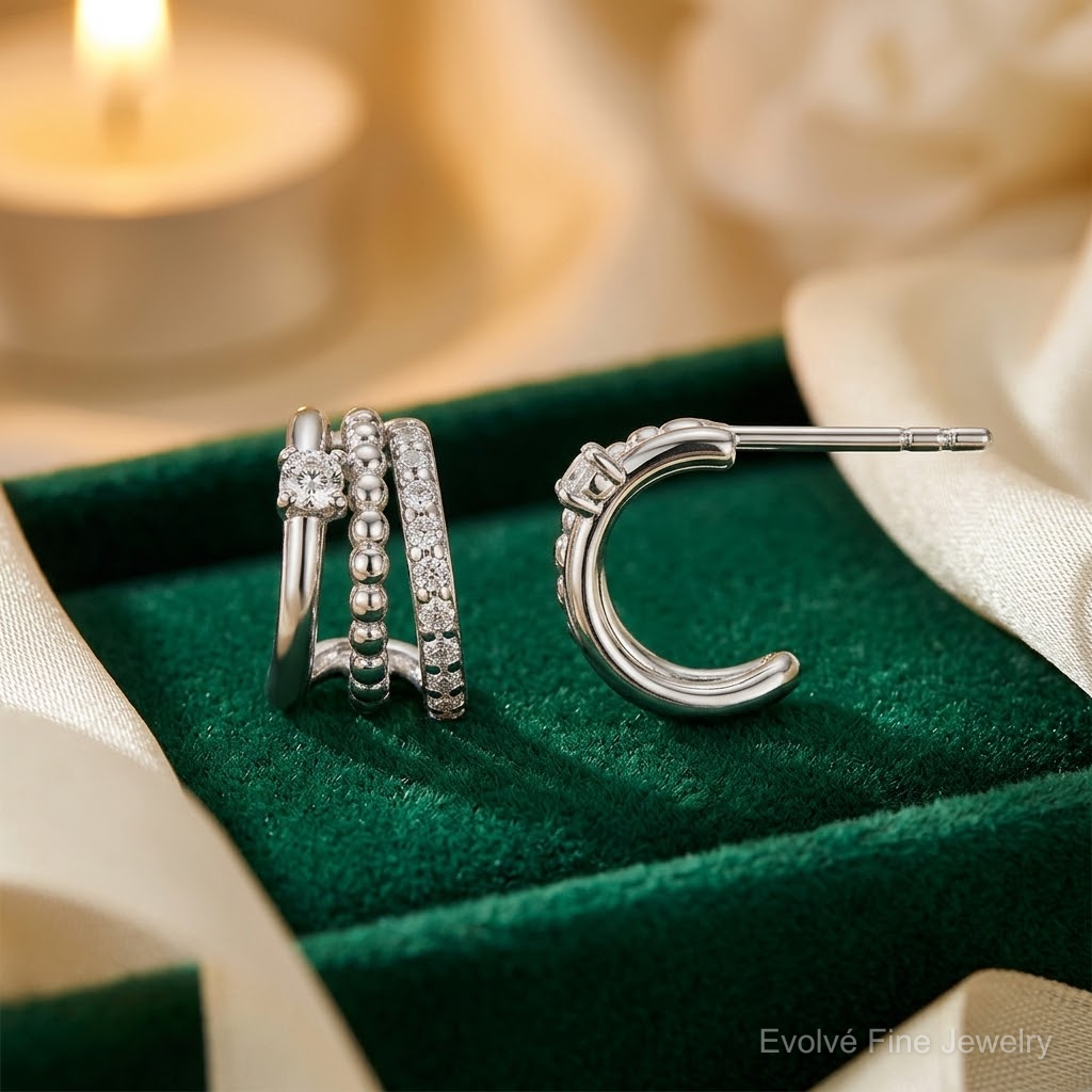 Sterling Silver RH-plated Polished Beaded CZ Post C-Hoop Earrings - Lifestyle View