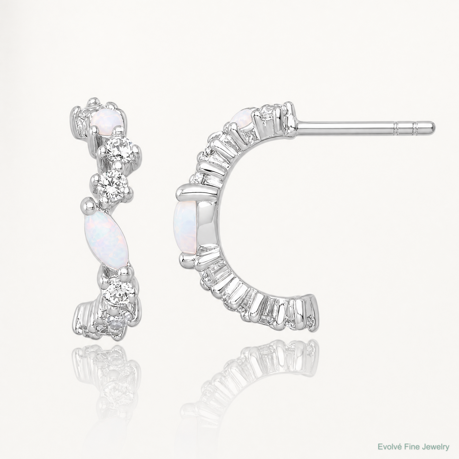 SSilver RH-plated Polished CZ and Lab Created Opal Post C-Hoop Earrings - Lifestyle View