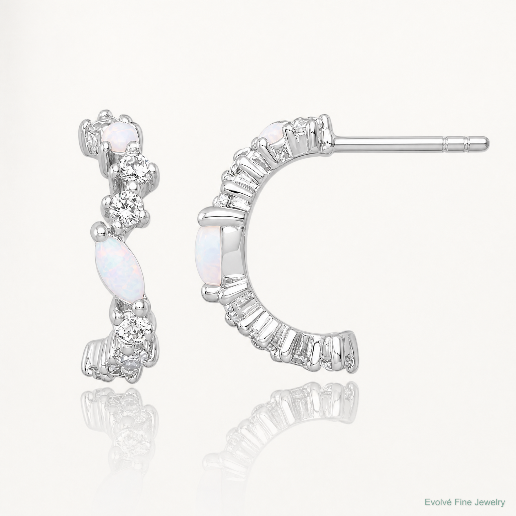 SSilver RH-plated Polished CZ and Lab Created Opal Post C-Hoop Earrings - Lifestyle View