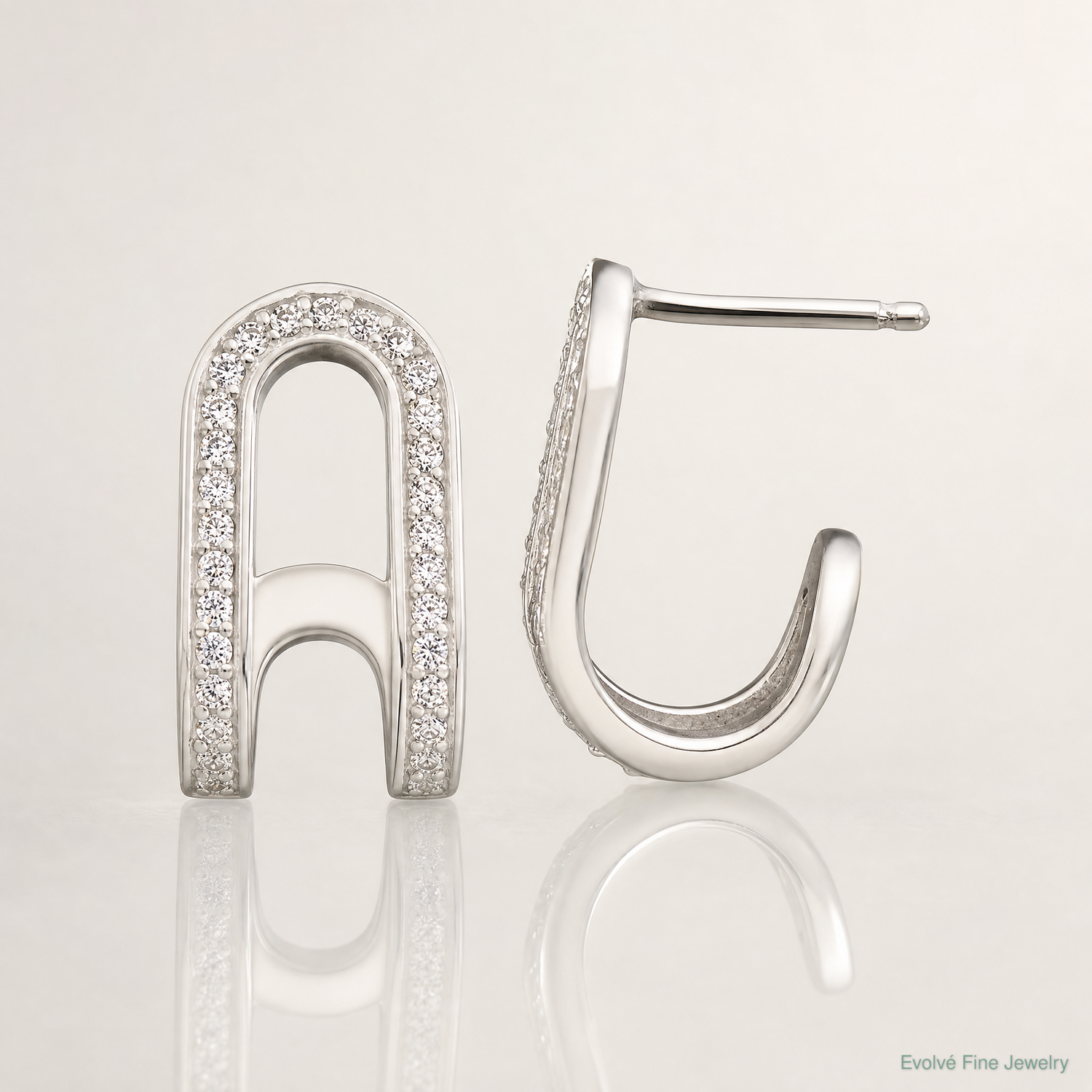 Sterling Silver Polished CZ Curved Post J-Hoop Earrings - Lifestyle View