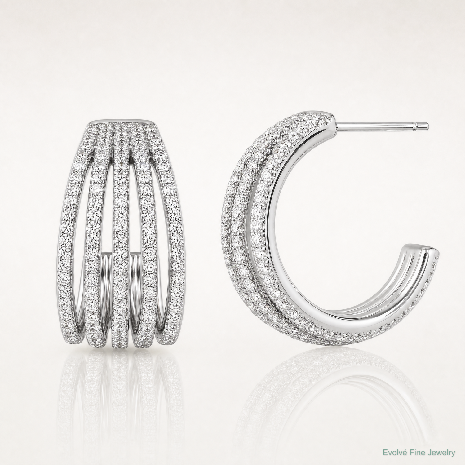 Sterling Silver Rhodium-plated CZ Multi Row Post J-Hoop Earrings - Lifestyle View