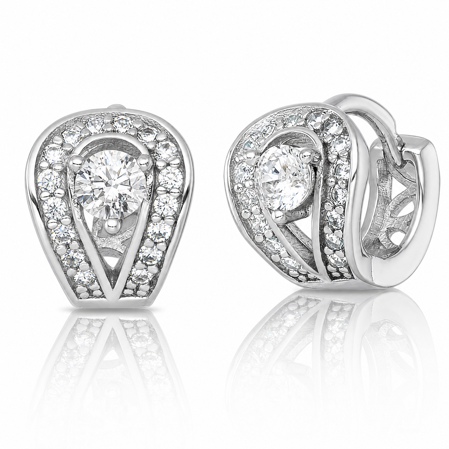 Sterling Silver RH-plated Polished CZ Hinged Huggie Hoop Earrings - Lifestyle View