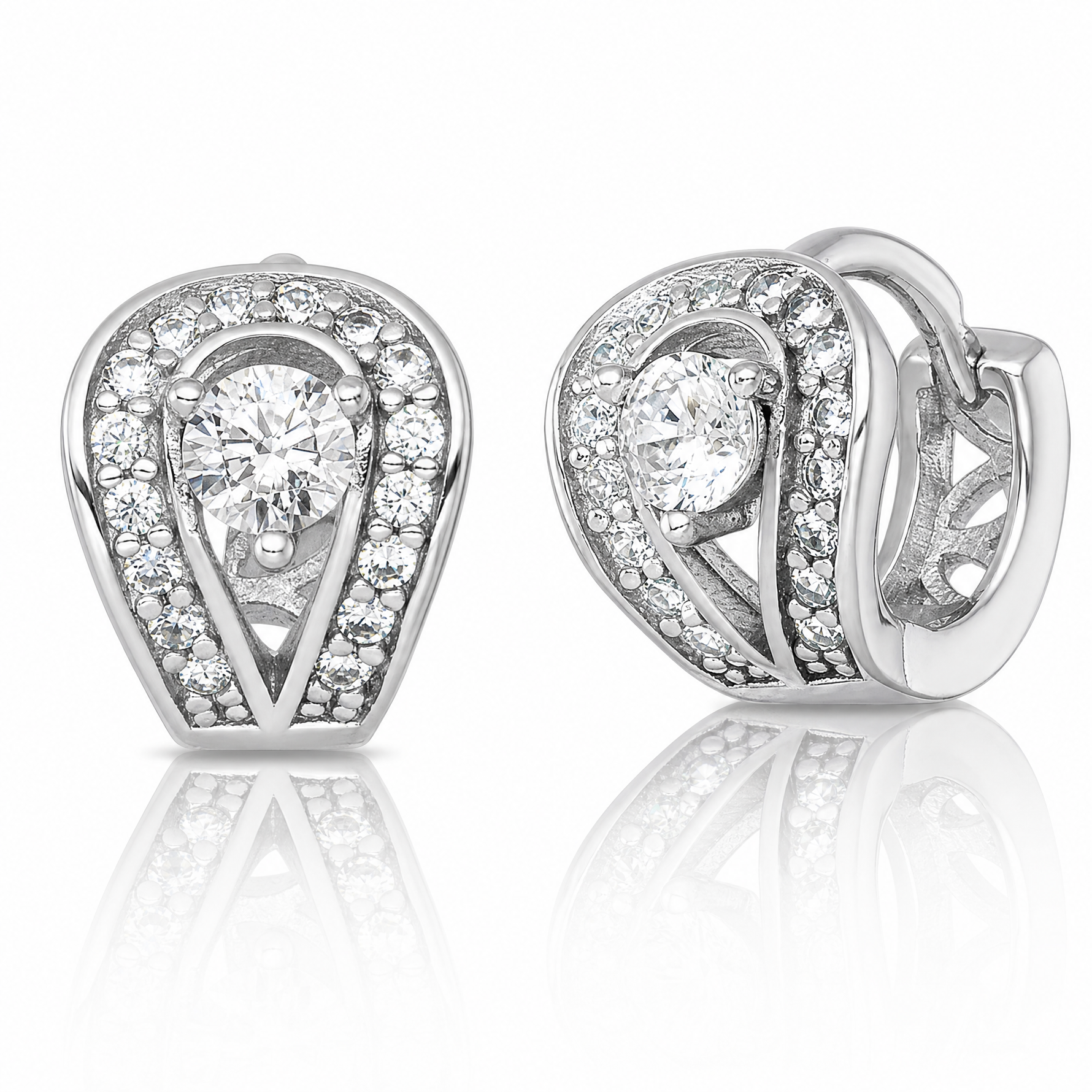 Sterling Silver RH-plated Polished CZ Hinged Huggie Hoop Earrings - Lifestyle View