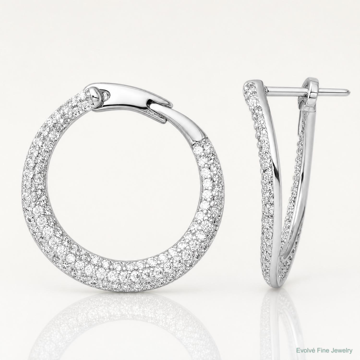 Sterling Silver RH-plated Pave CZ Hinged Round Hoop Earrings - Lifestyle View