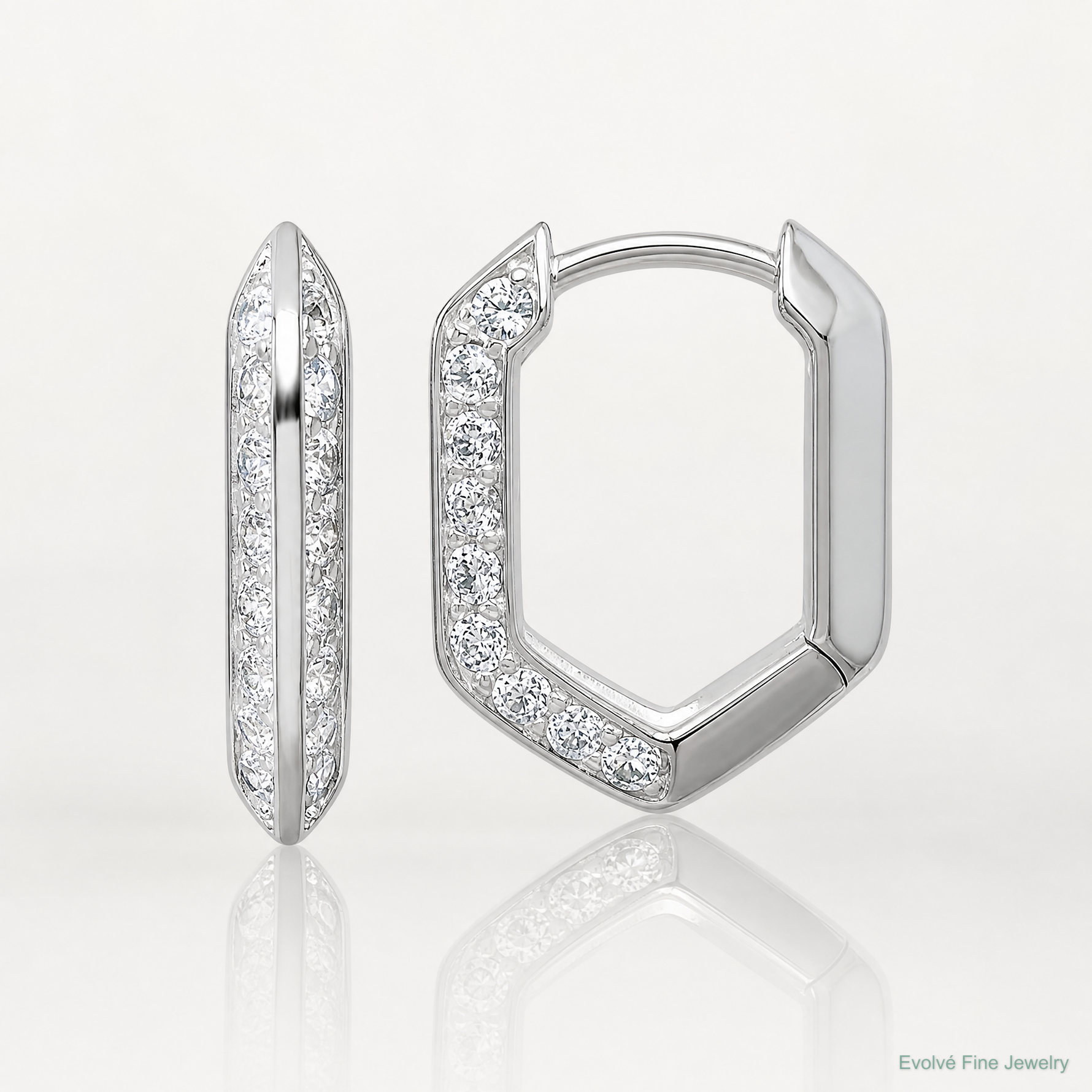Sterling Silver Rhodium-plated Polished CZ Geometric Hoop Earrings - Lifestyle View