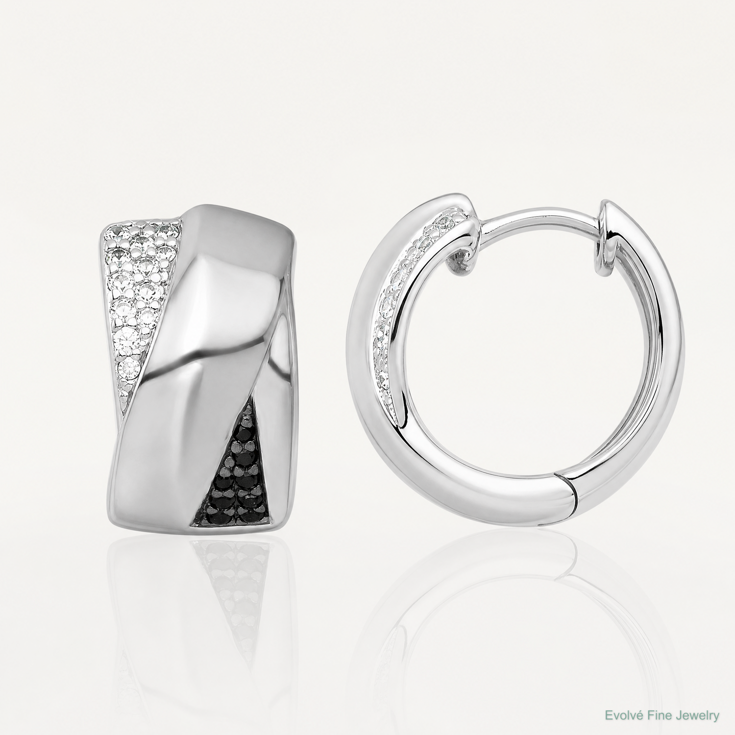 Sterling Silver RH-pltd Polished Black/White CZ Round Hinged Hoop Earrings - Lifestyle View