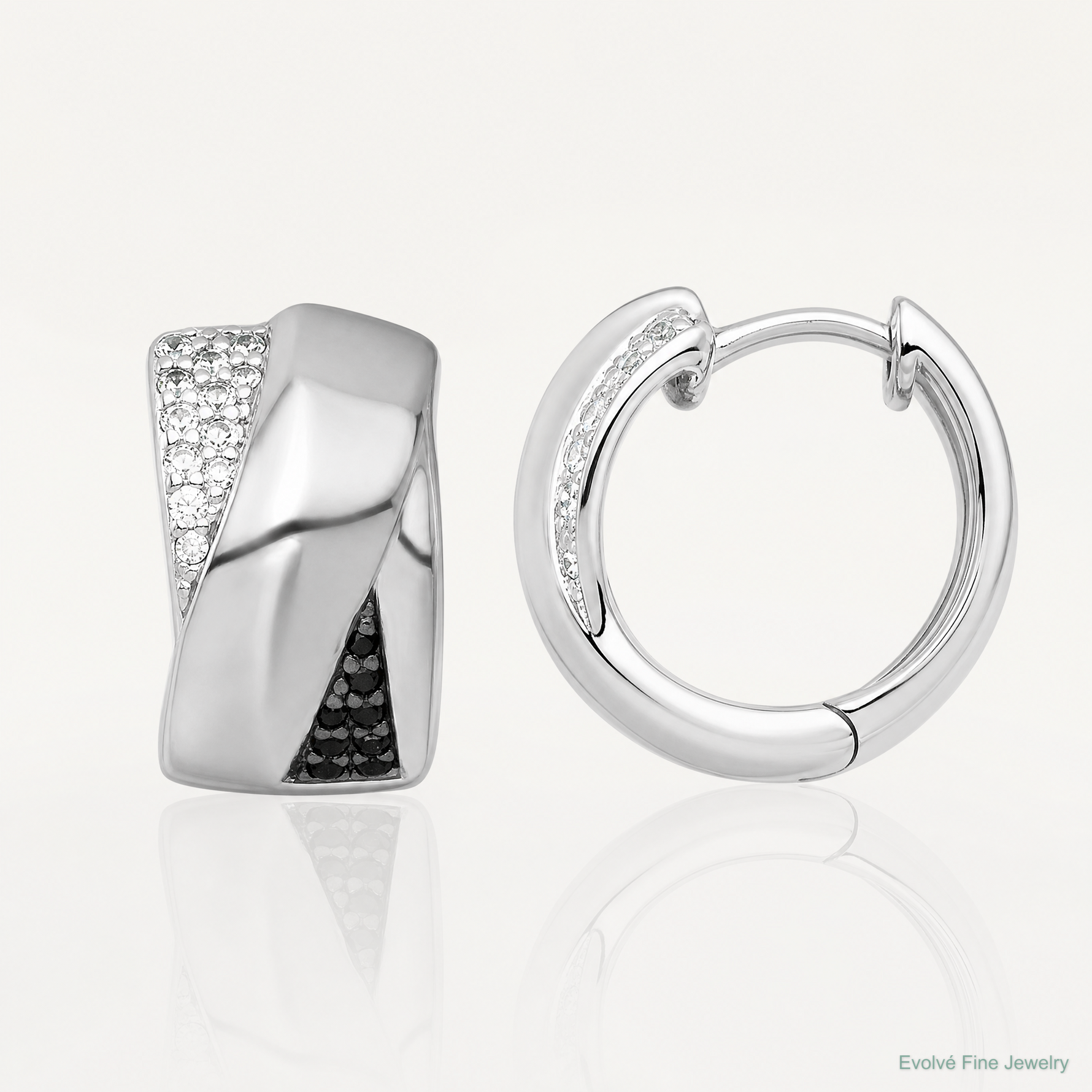 Sterling Silver RH-pltd Polished Black/White CZ Round Hinged Hoop Earrings - Lifestyle View