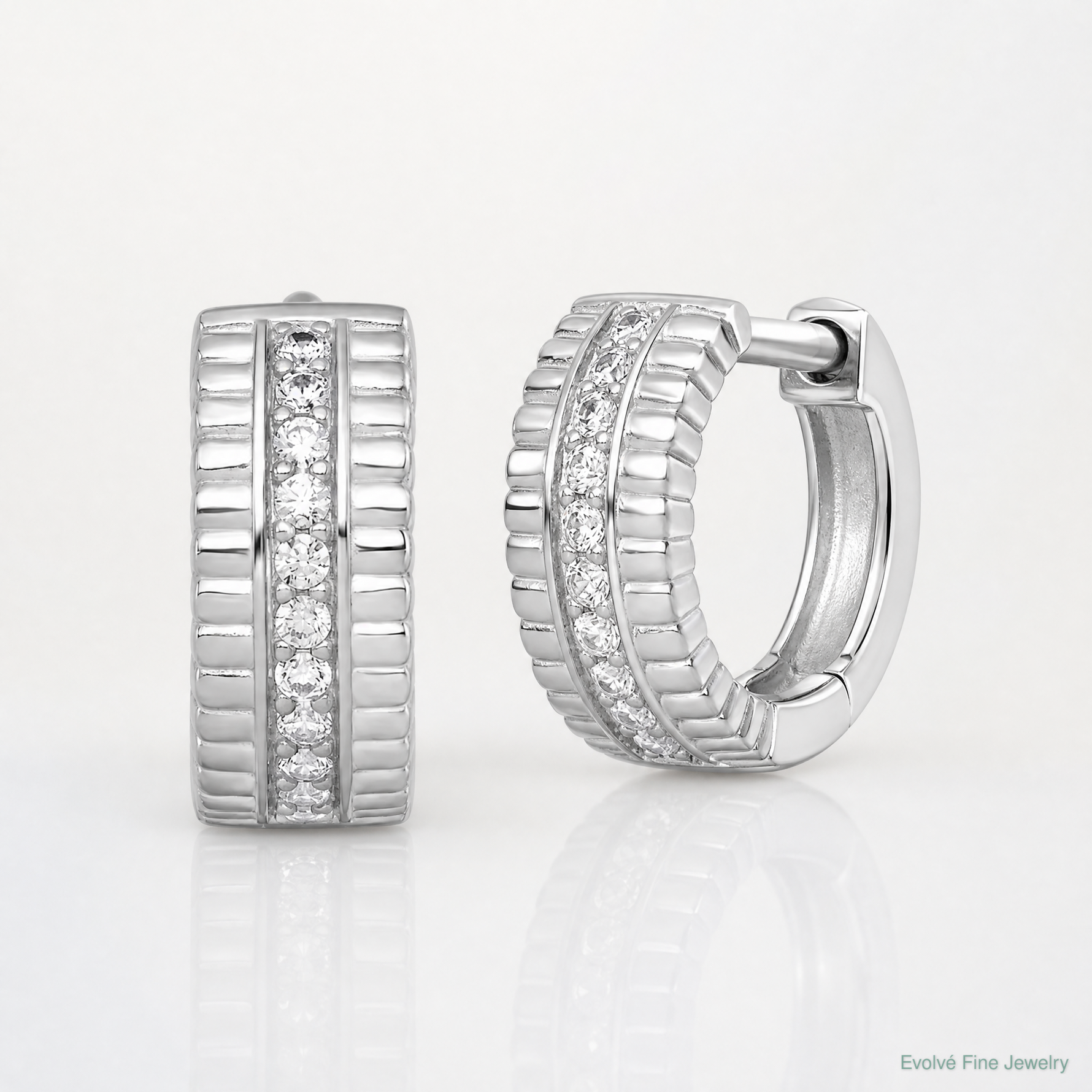 Sterling Silver RH-pltd Polished and Grooved 6.2mm CZ Hoop Earrings - Lifestyle View