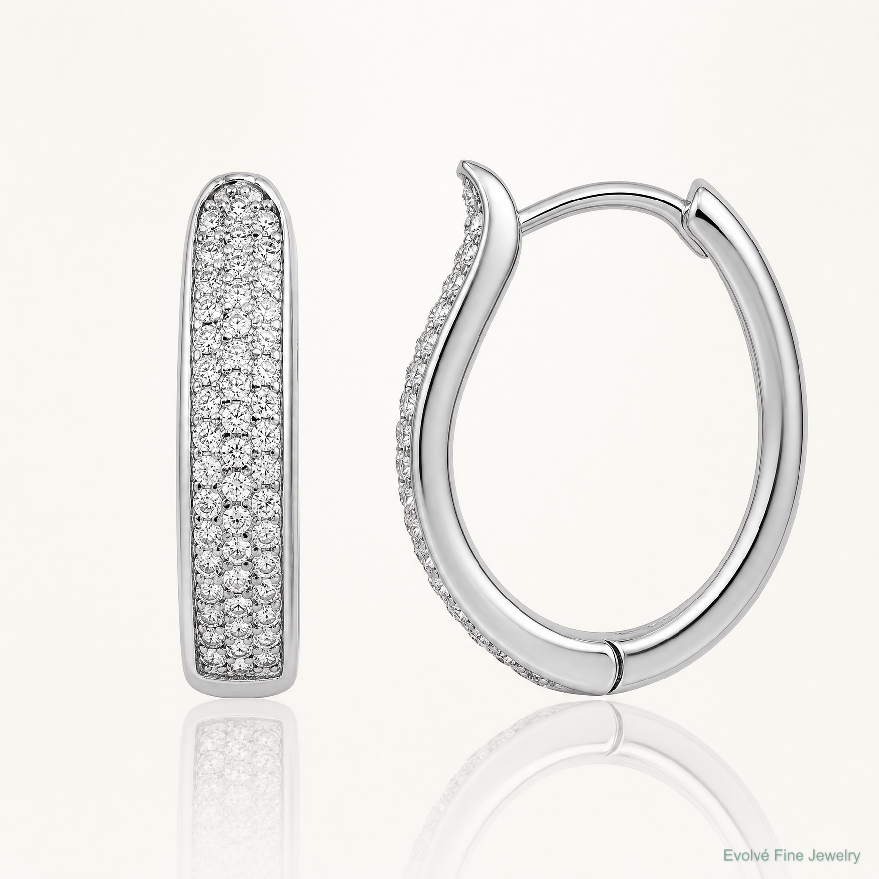 Sterling Silver Rhodium-plated CZ Polished Curved Hinged Hoop Earrings - Lifestyle View