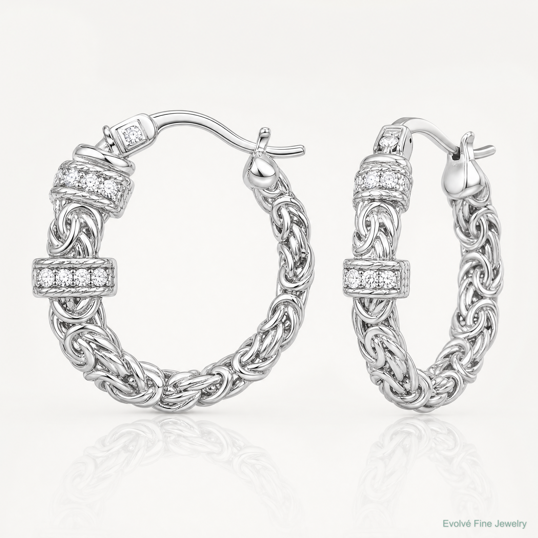 Sterling Silver RH-plated Polished CZ Byzantine Link Round Hoop Earrings - Lifestyle View
