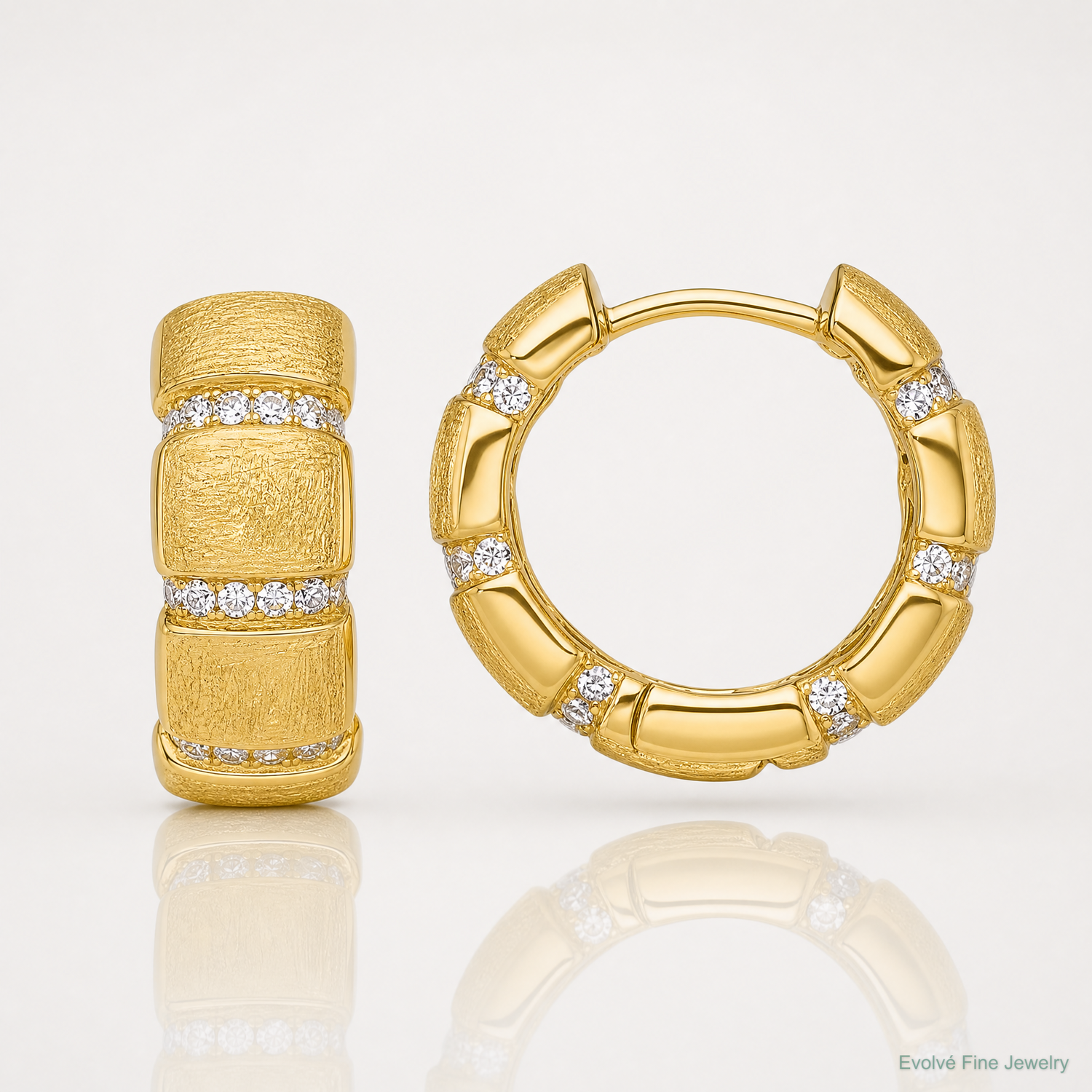 Sterling Silver Gold-Tone Polish/Textured CZ 8mm Hinged Hoop Earrings - Lifestyle View