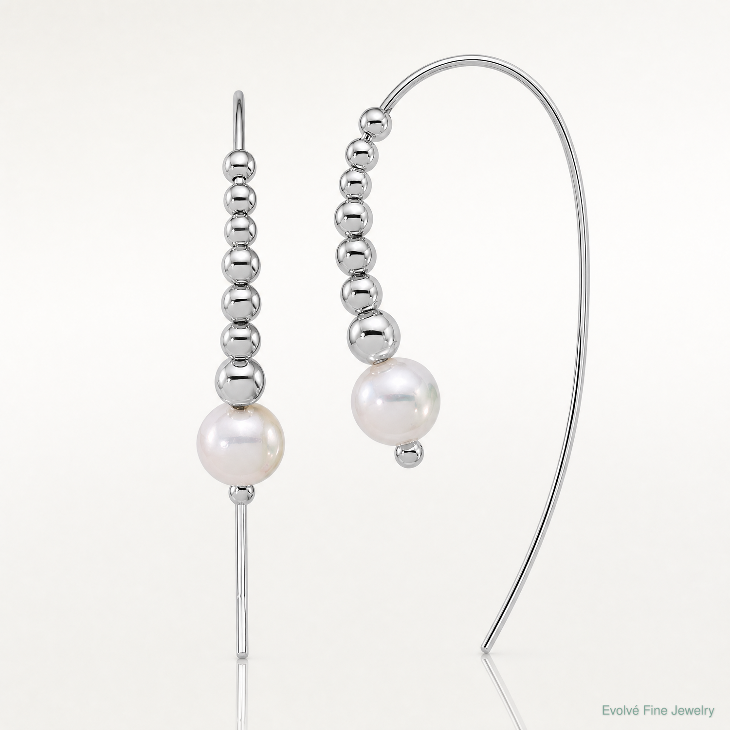 Sterling Silver RH-plated Polished and Beaded Shell Pearl Threader Earrings - Lifestyle View