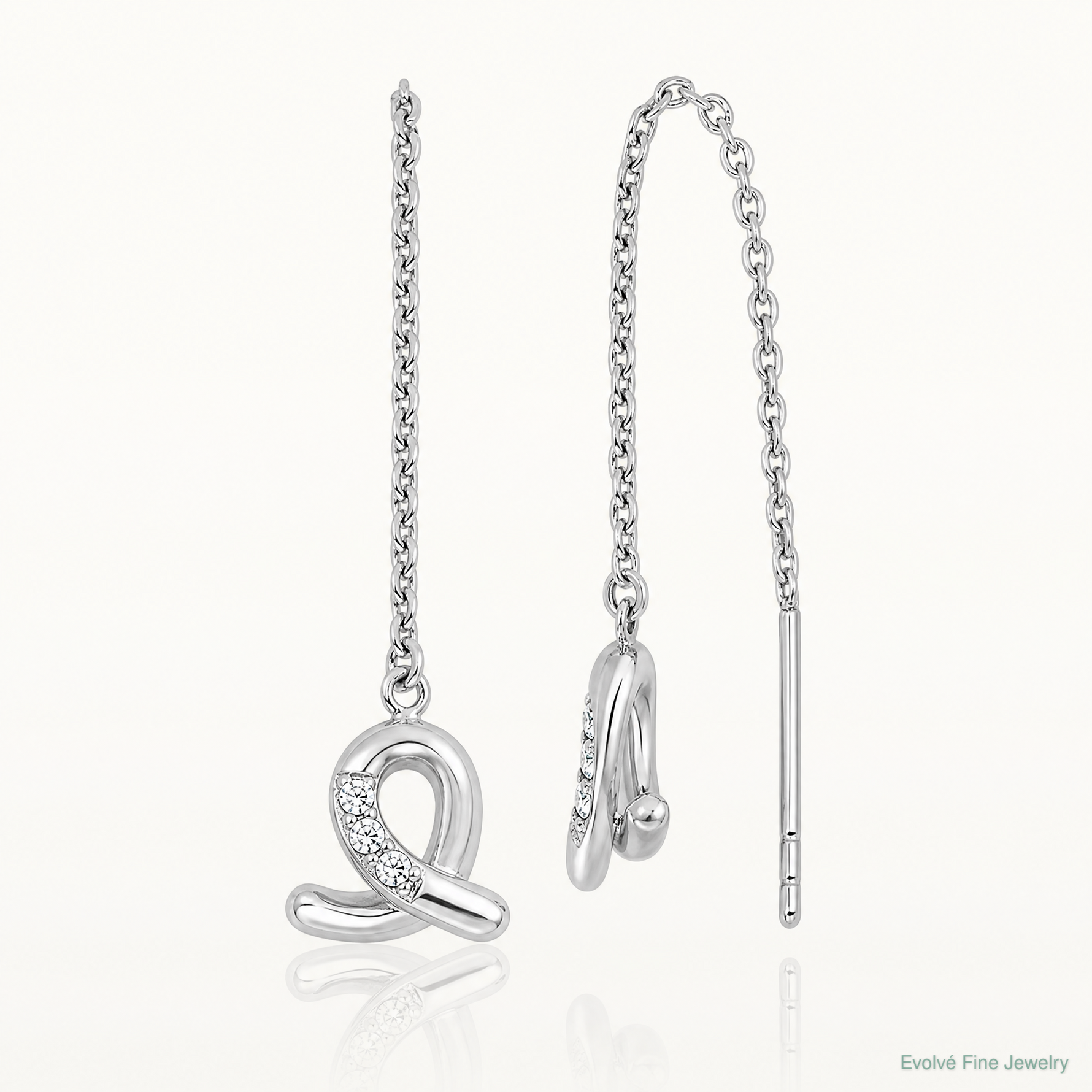 Sterling Silver Rhodium-plated CZ Loop Dangle Threader Earrings - Lifestyle View