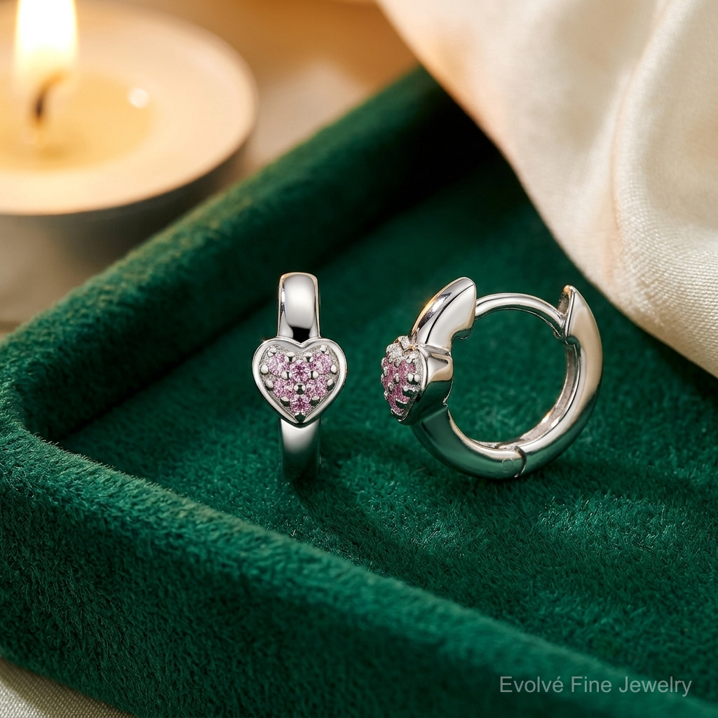 Sterling Silver Rh-plated Children's Pink CZ Heart Hoop Earrings - Lifestyle View