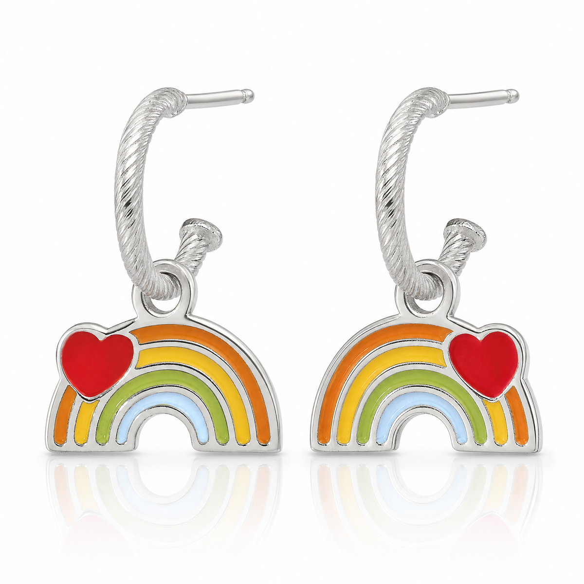Sterling Silver Grooved Enamel Rainbow Children's Post Dangle Hoop Earrings - Lifestyle View