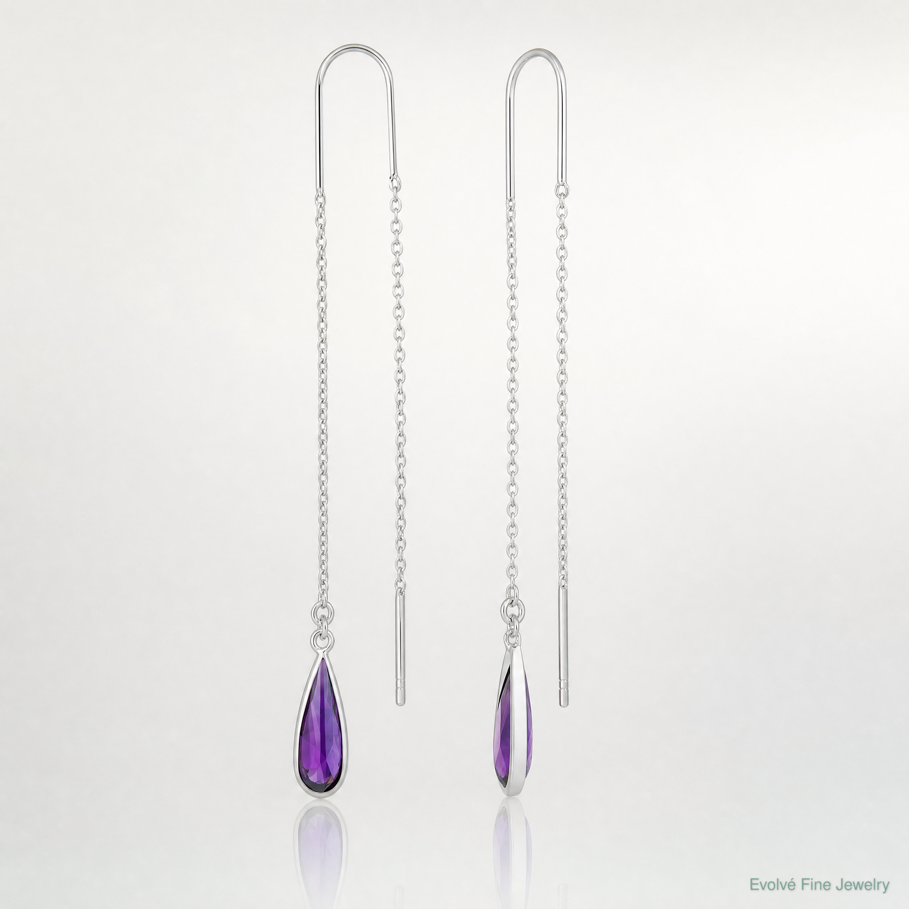 Sterling Silver Polished Purple CZ Teardrop Threader Earrings - Lifestyle View