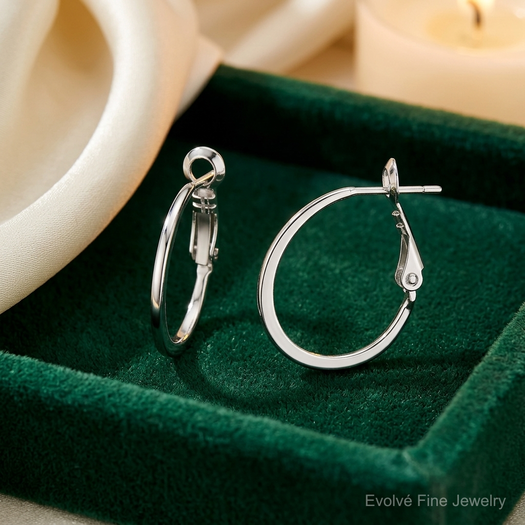 Sterling Silver Rhodium-plated 1.5mm Oval Omega Back Hoop Earrings - Lifestyle View