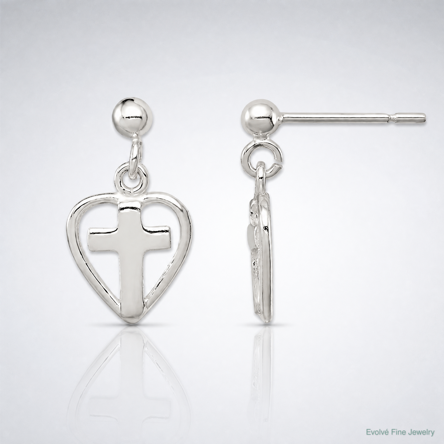 Sterling Silver Polished Cross in Heart Post Dangle Earrings - Lifestyle View