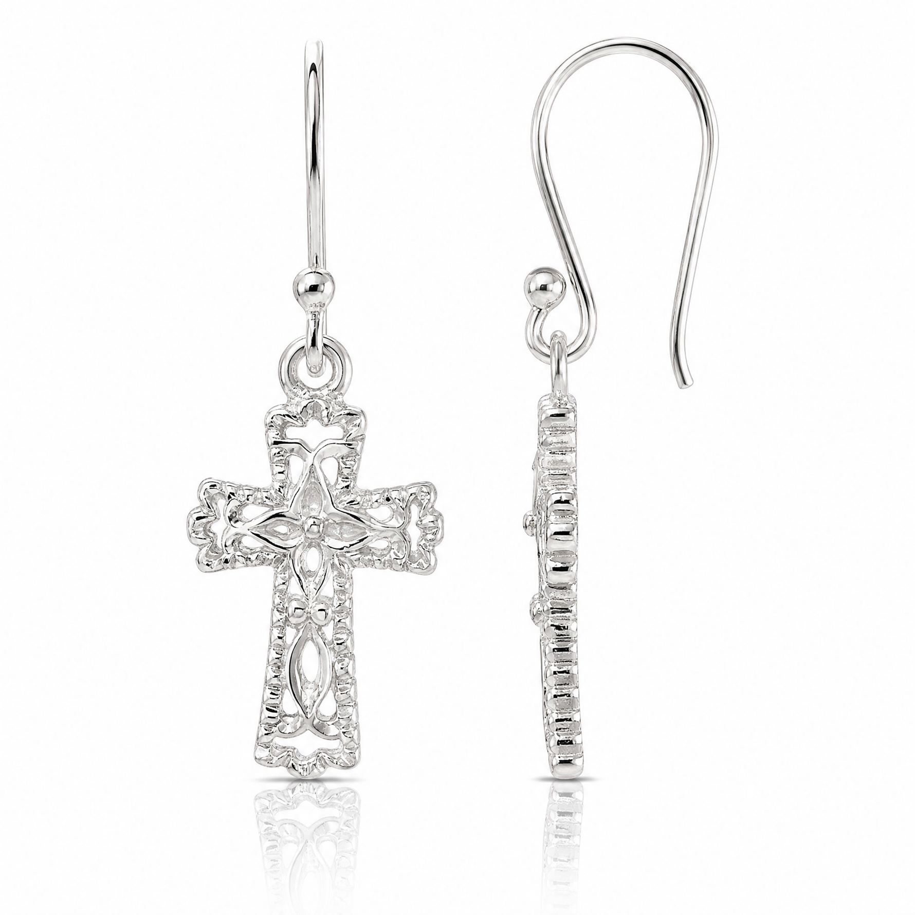 Sterling Silver Polished & Textured Cross Dangle Earrings - Lifestyle View