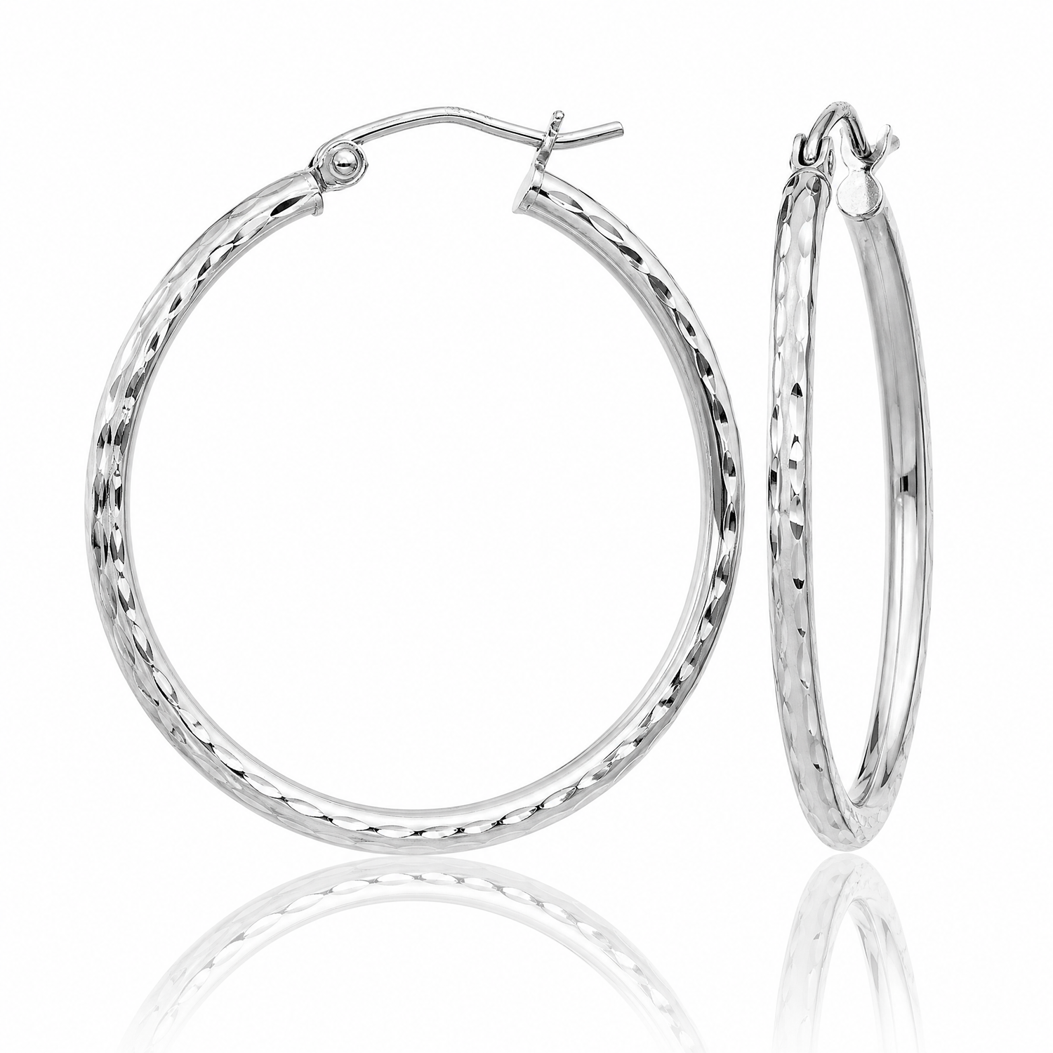 Sterling Silver Rhodium-plated 2mm Diamond Cut Hoop Earrings - Lifestyle View