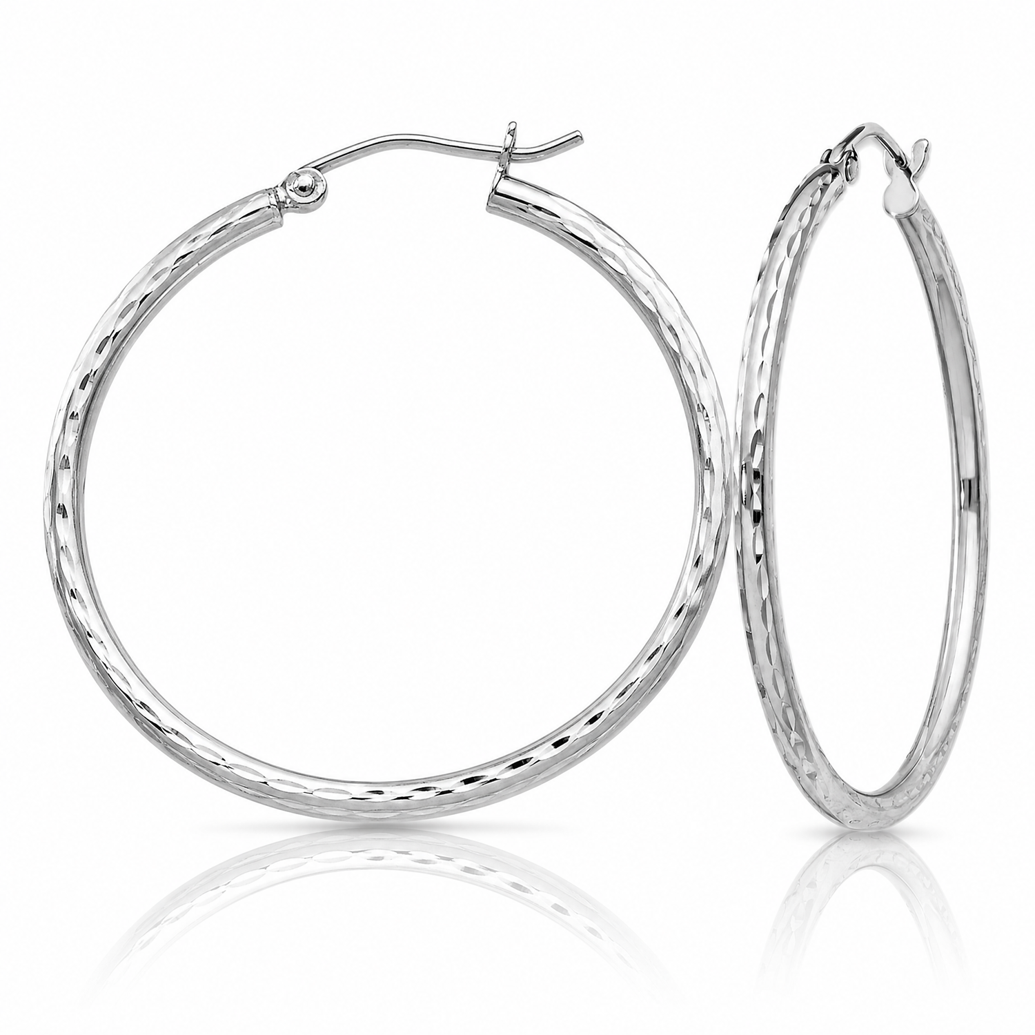 Sterling Silver Rhodium-plated 2mm Diamond Cut Hoop Earrings - Lifestyle View
