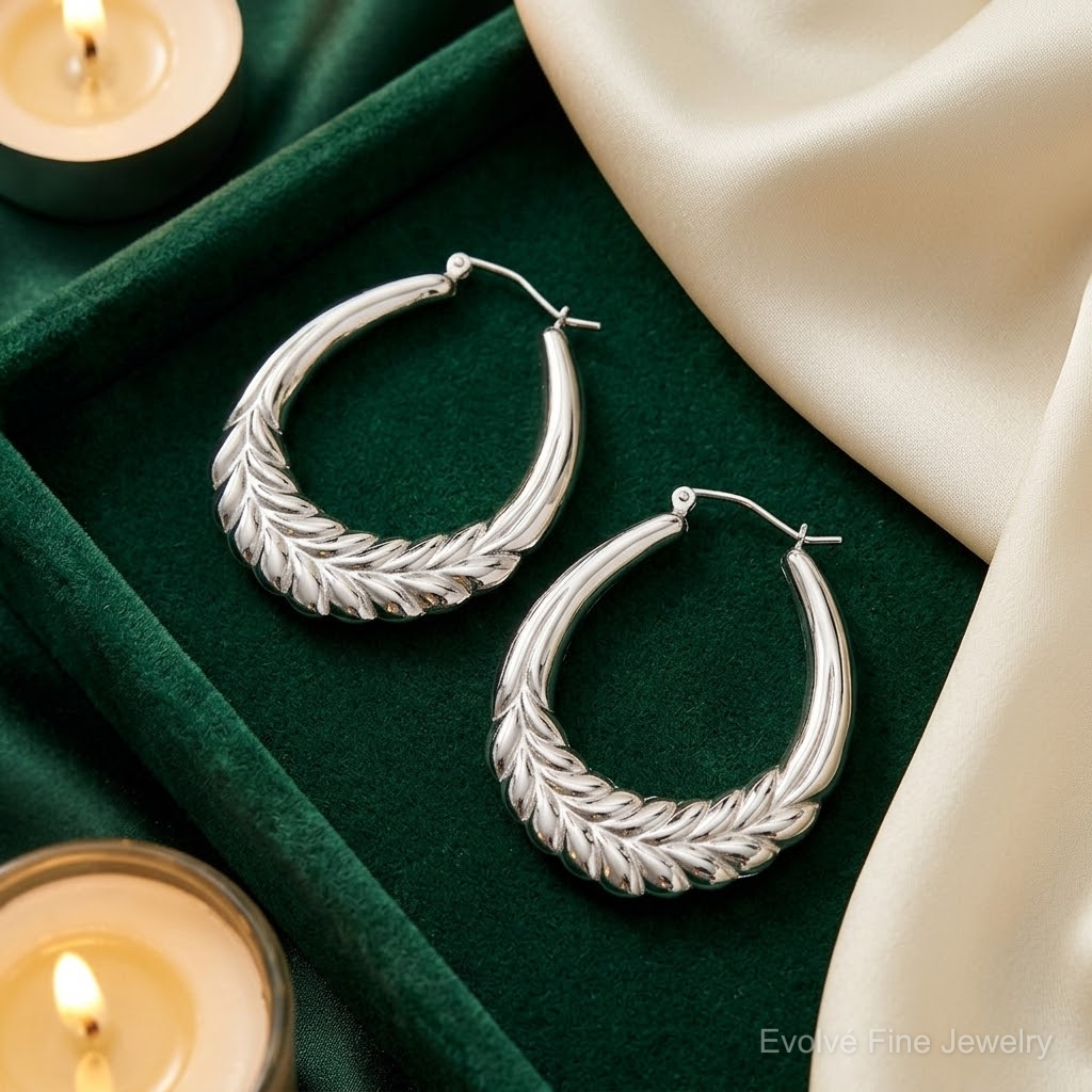 Sterling Silver Rhod-plated Polished Wheat Shrimp Oval Hoop Earrings - Lifestyle View