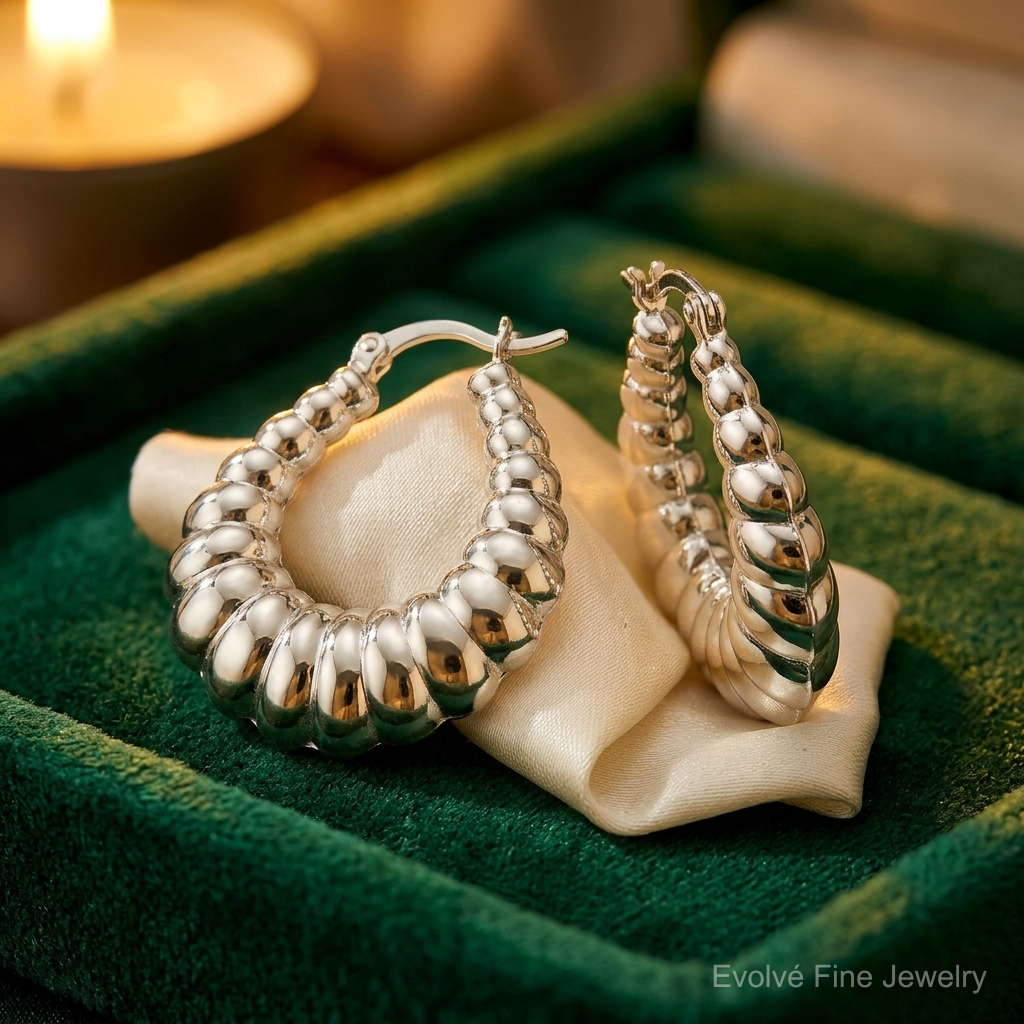 Sterling Silver Rhodium-plated Polished Shrimp Oval Hoop Earrings - Lifestyle View
