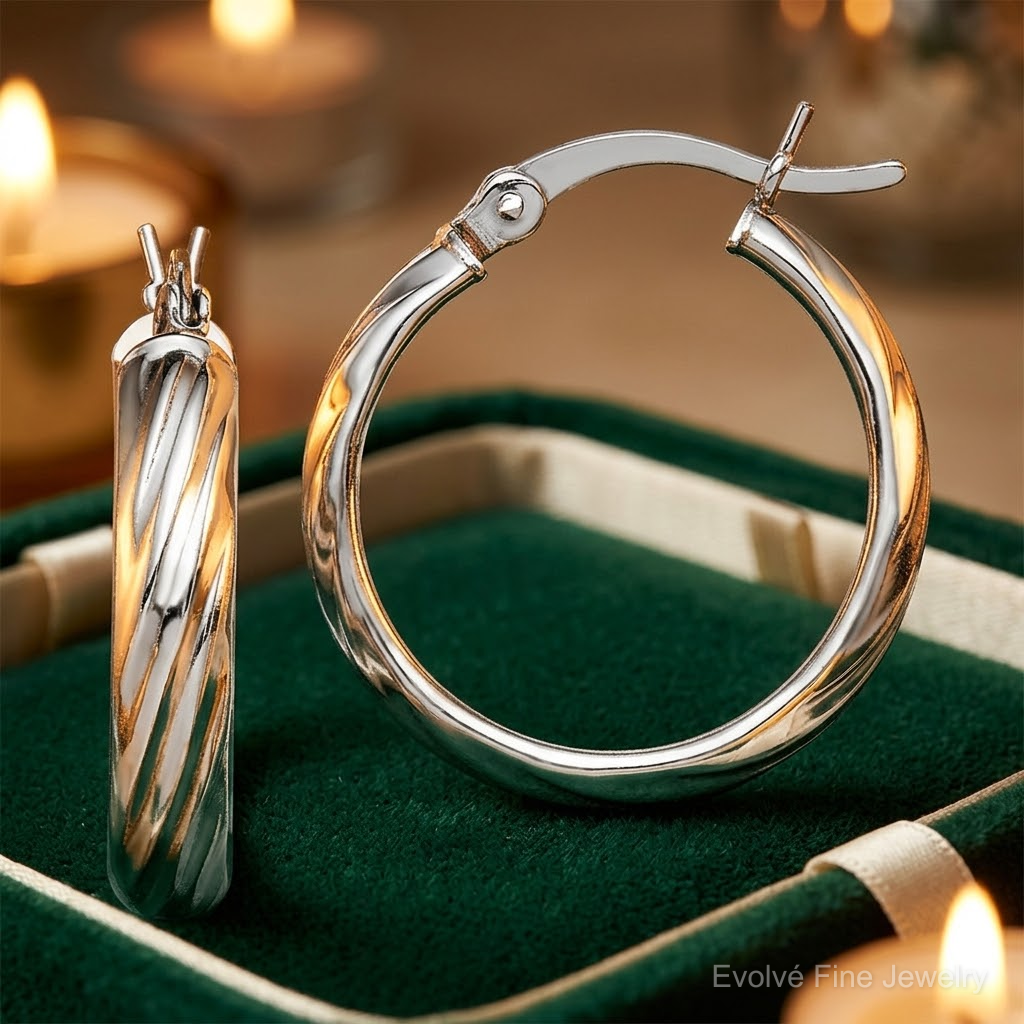 Sterling Silver Rhodium-plated Textured 20mm Hoop Earrings - Lifestyle View