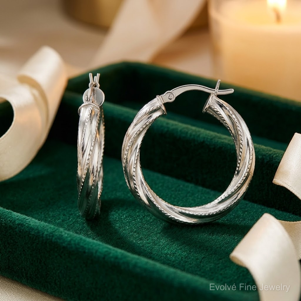 Sterling Silver Rhod-plated Patterned Twisted 4x25mm Hoop Earrings - Lifestyle View