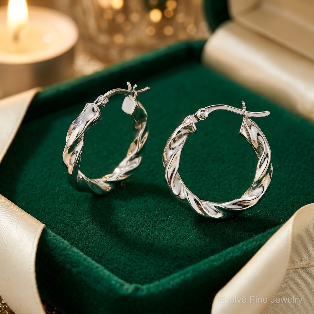 Sterling Silver Rhodium Plated Twisted 3.5x20mm Hoop Earrings - Lifestyle View
